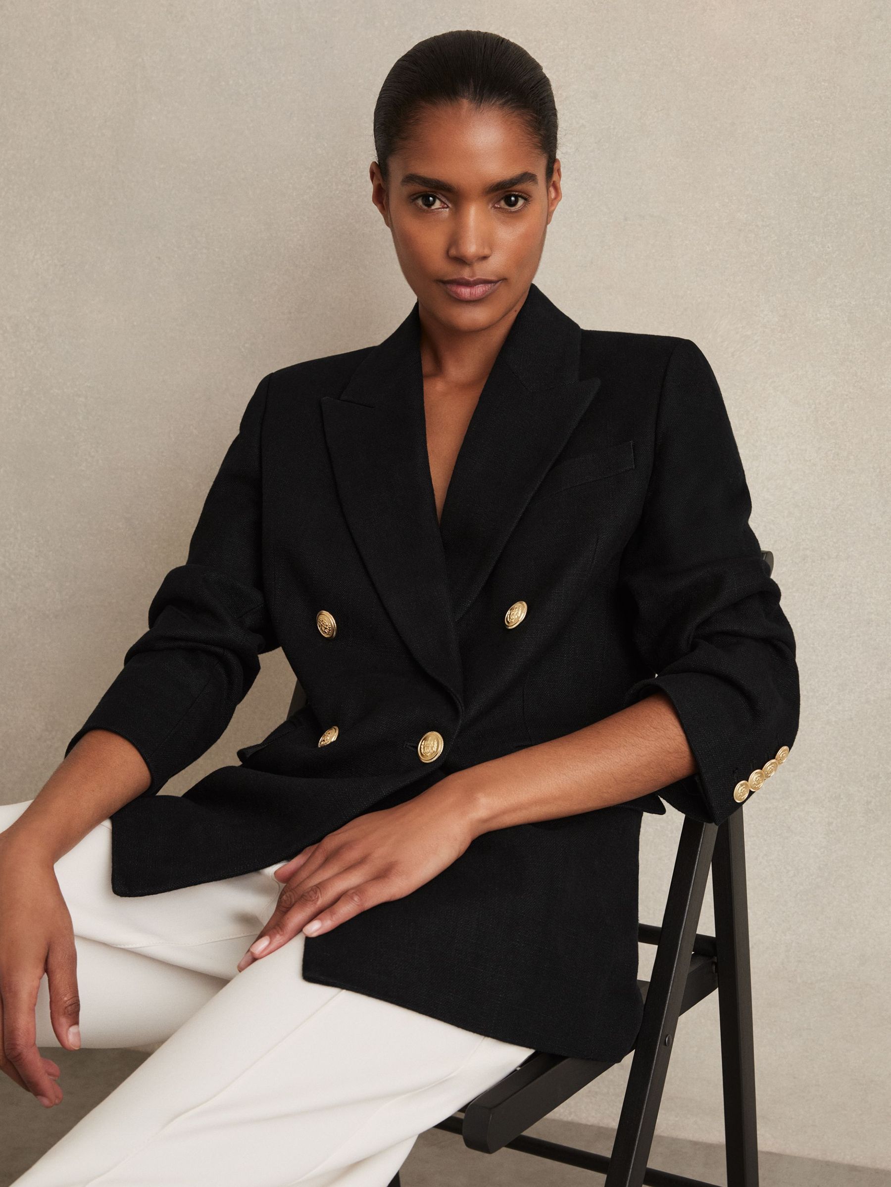Petite Oversized Double-Breasted Blazer Linen-Blend in Black (F96473) | €425