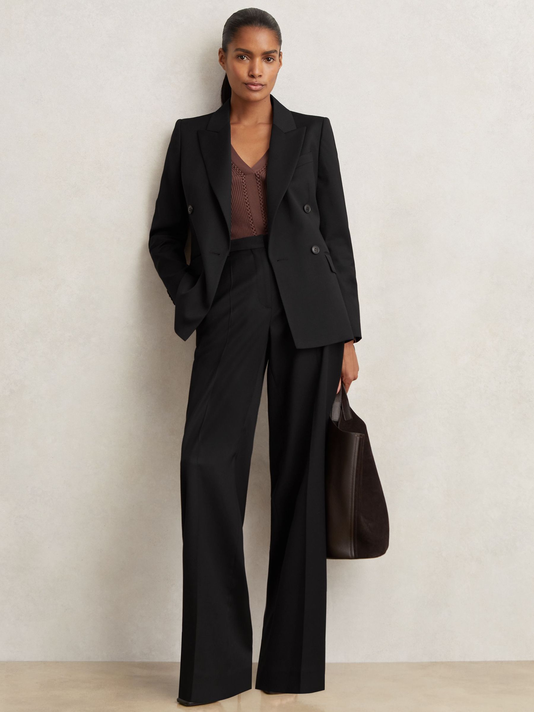 Wool Blend Double Breasted Suit Blazer in Black (F96477) | €360