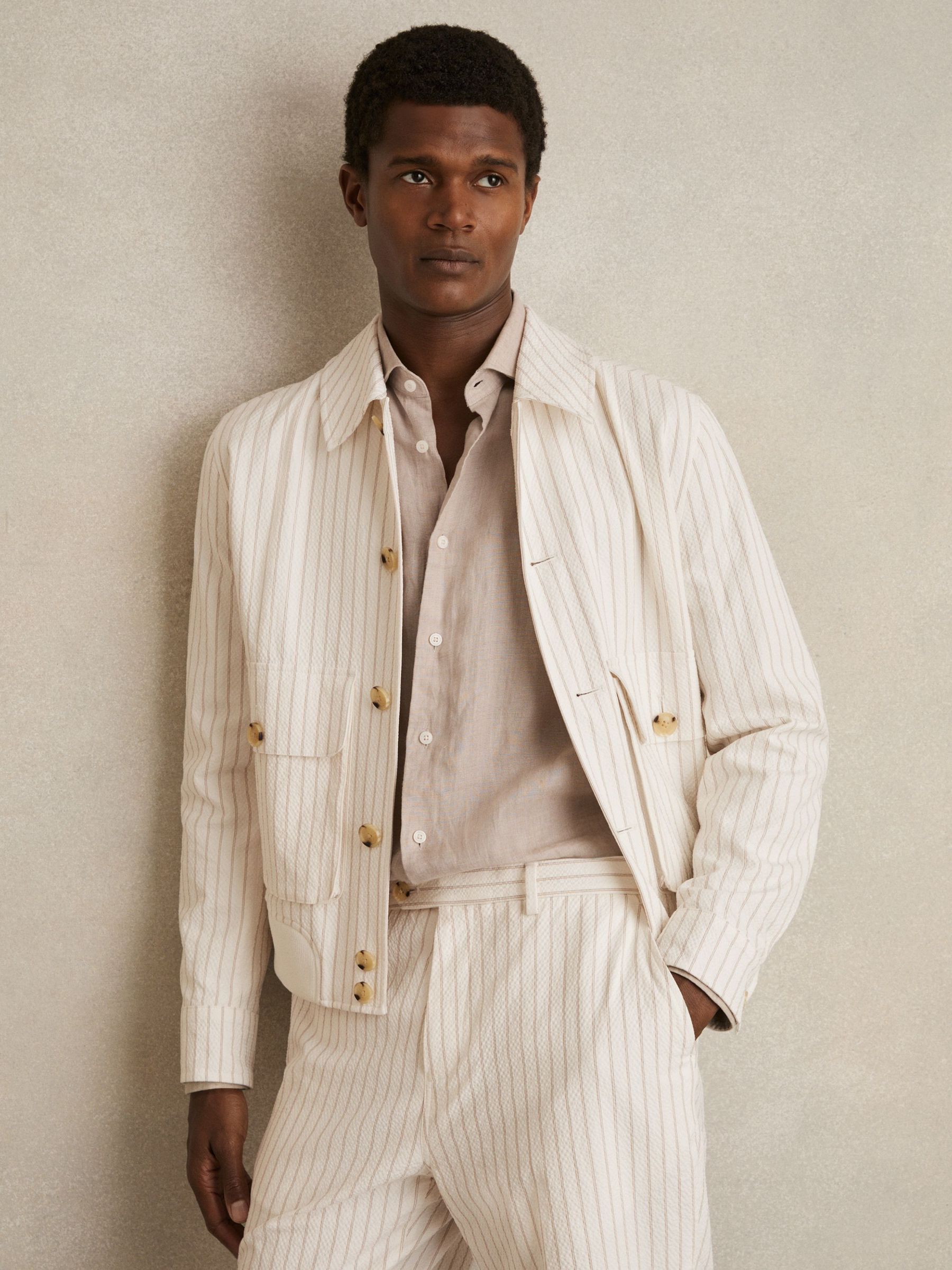 Cotton-Blend Pinstripe Harrington Jacket in Off White/Taupe Brown (F96637) | €330