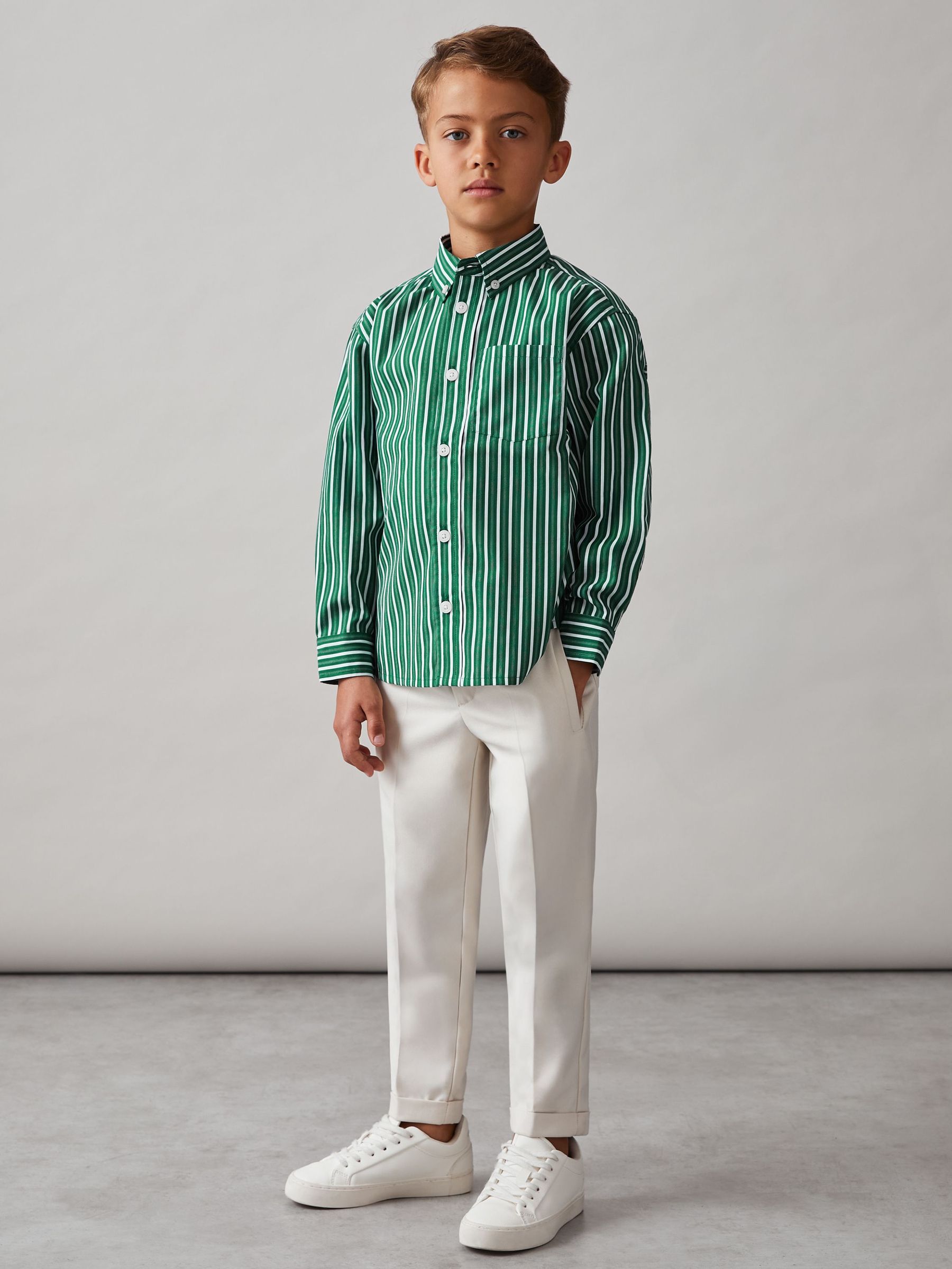 3-9 yrs Cotton-Poplin Striped Oversize Shirt in Green/White (F96640) | US$60