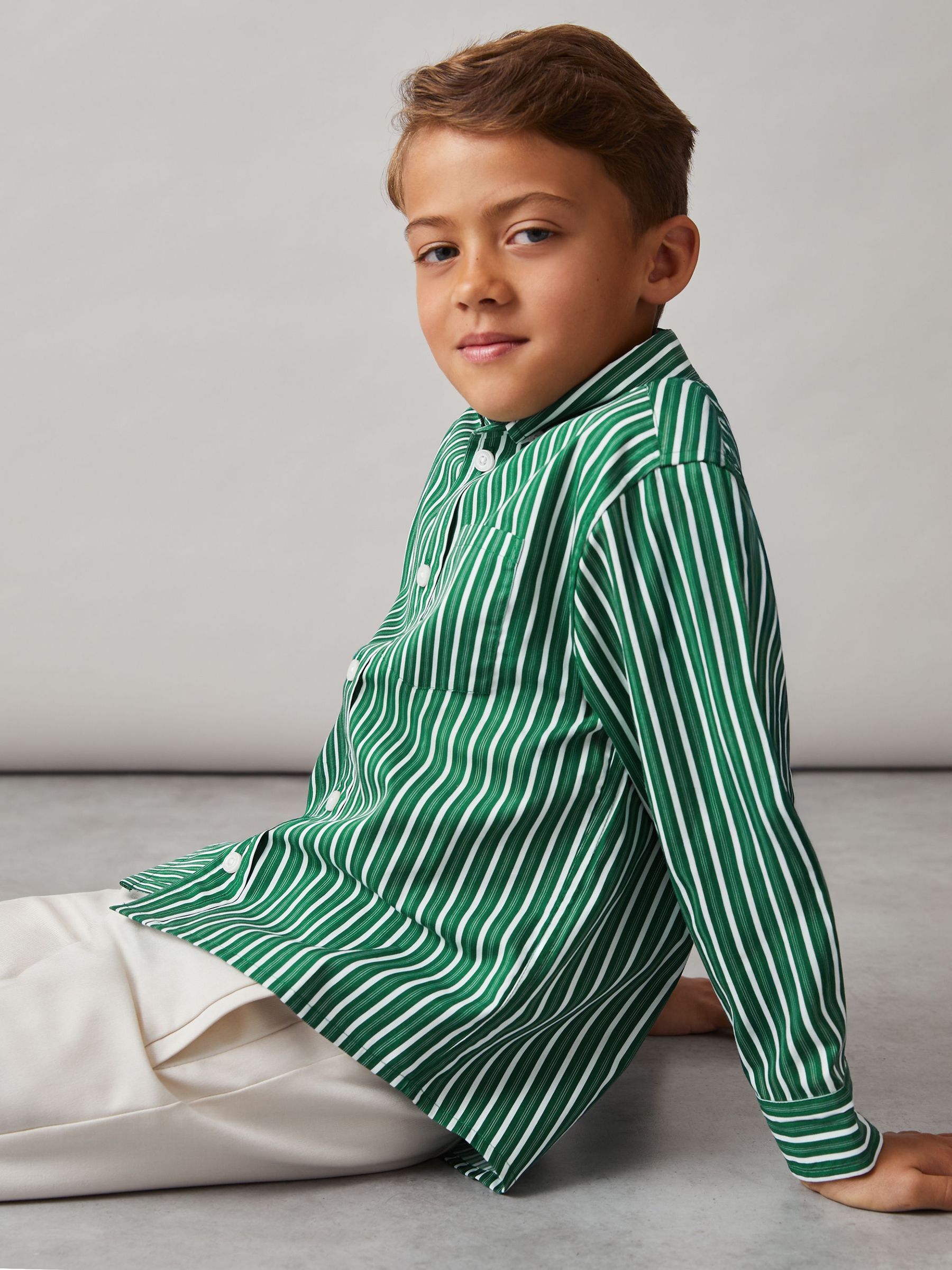 9-13 yrs Cotton-Poplin Striped Oversize Shirt in Green/White (F96641) | US$70