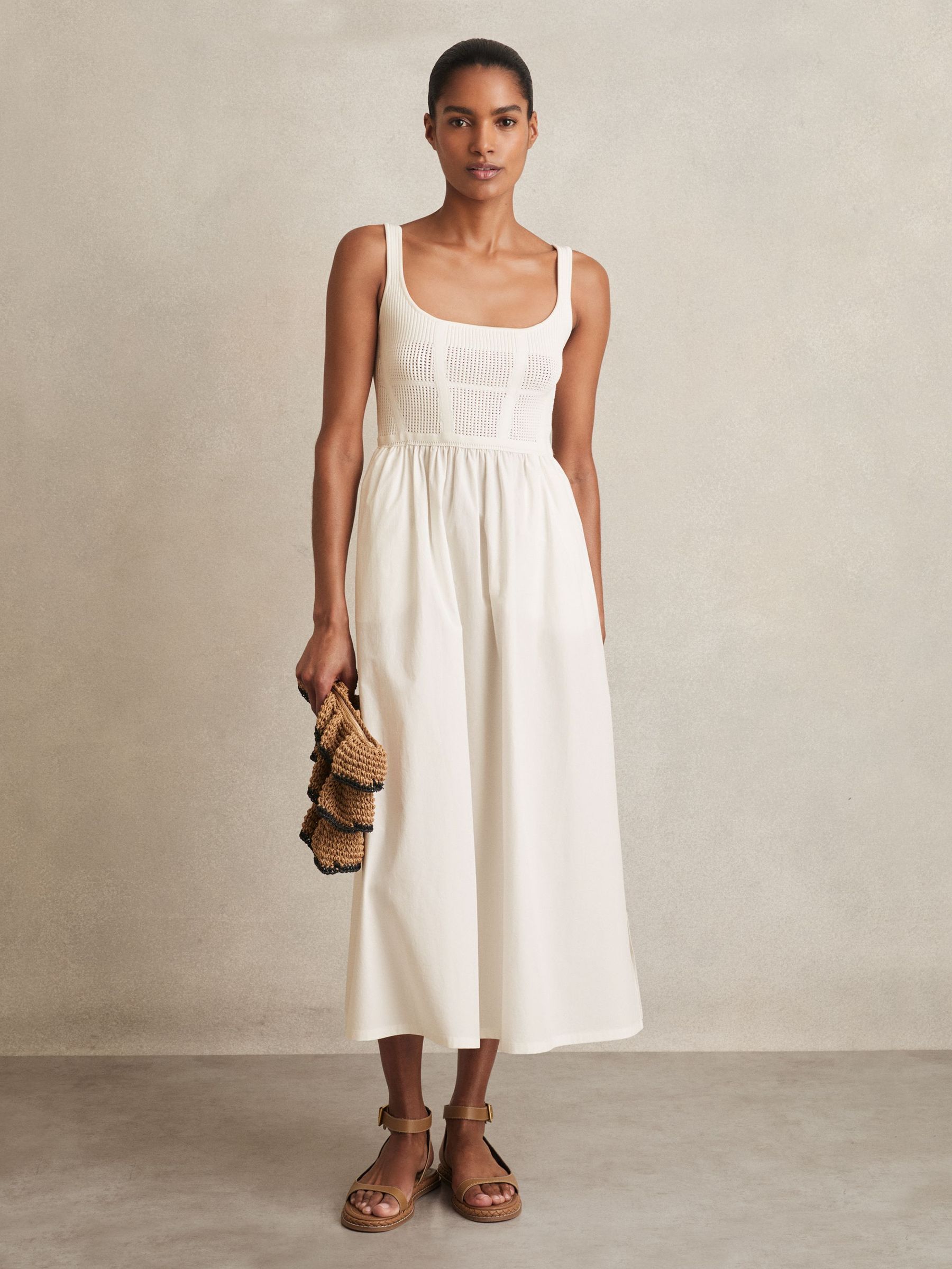 Perforated-Knit Cotton-Skirt Midi Dress in Ivory (F96646) | US$330