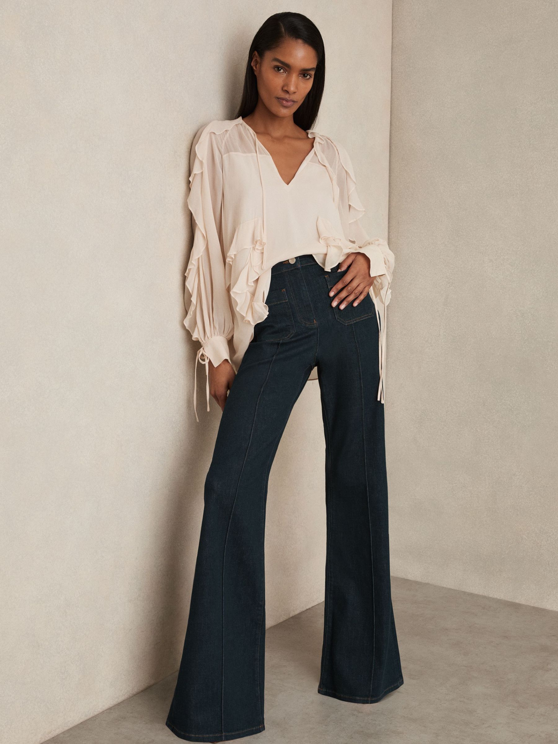 Petite Patch Pocket Flared Jeans in Dark Blue (F96647) | US$265