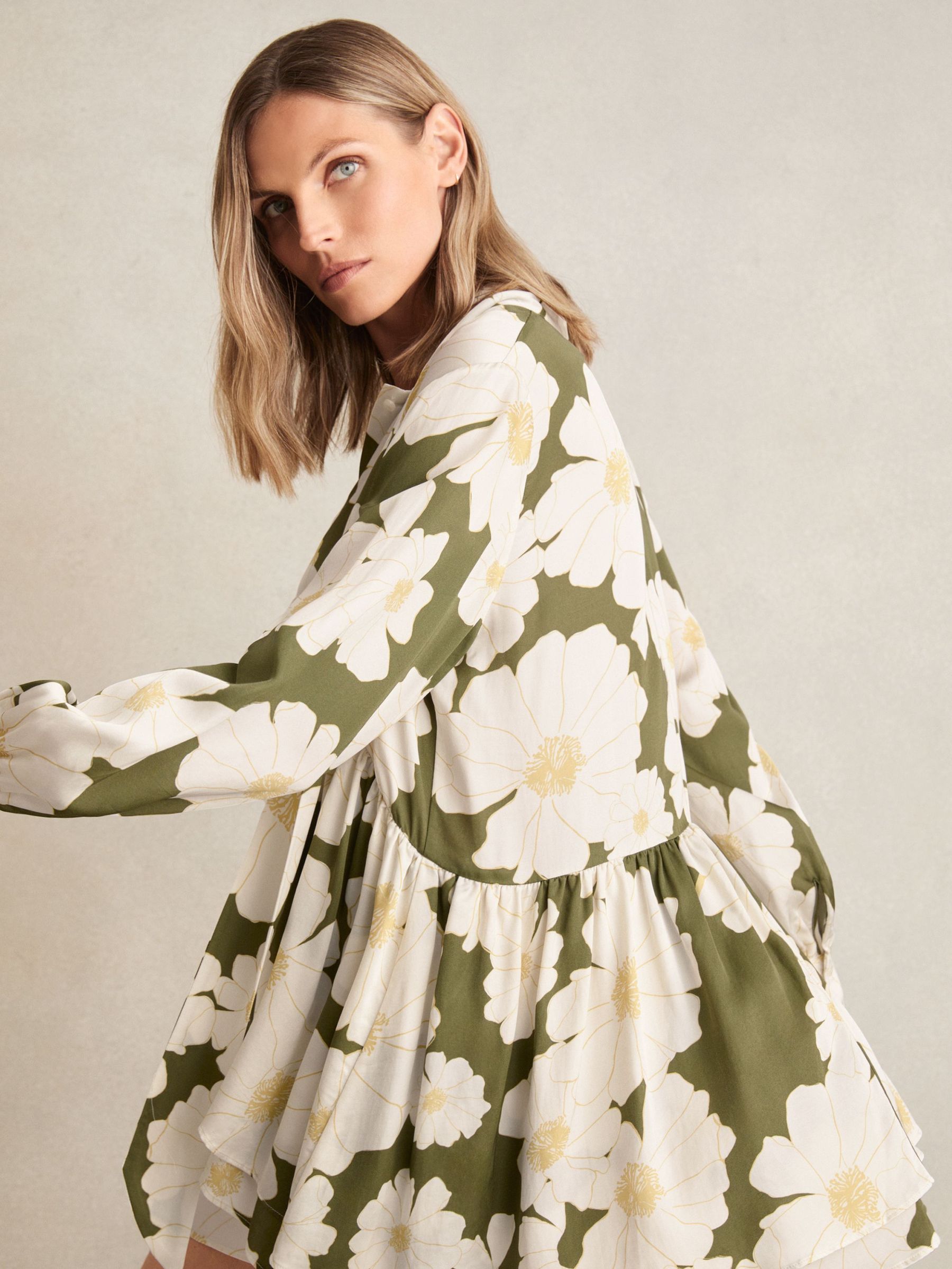 Floral Tie-Neck Swing Dress in Ivory/Green (F96660) | $295