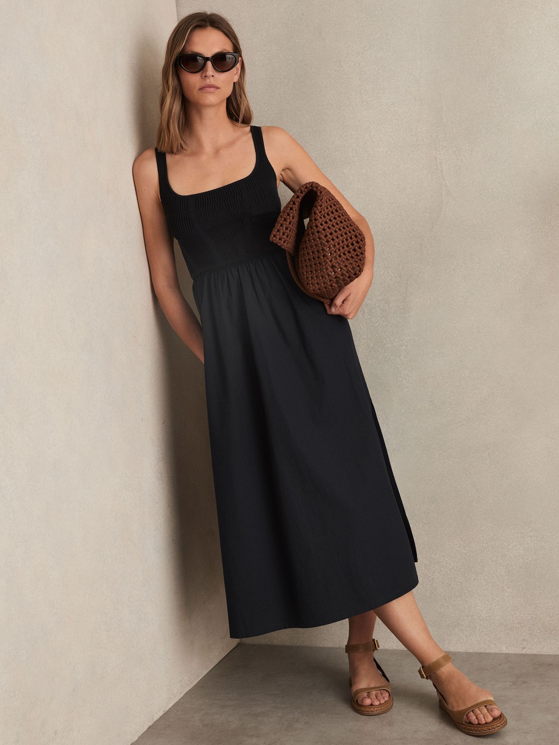Perforated-Knit Cotton-Skirt Midi Dress in Navy (F96661) | US$330