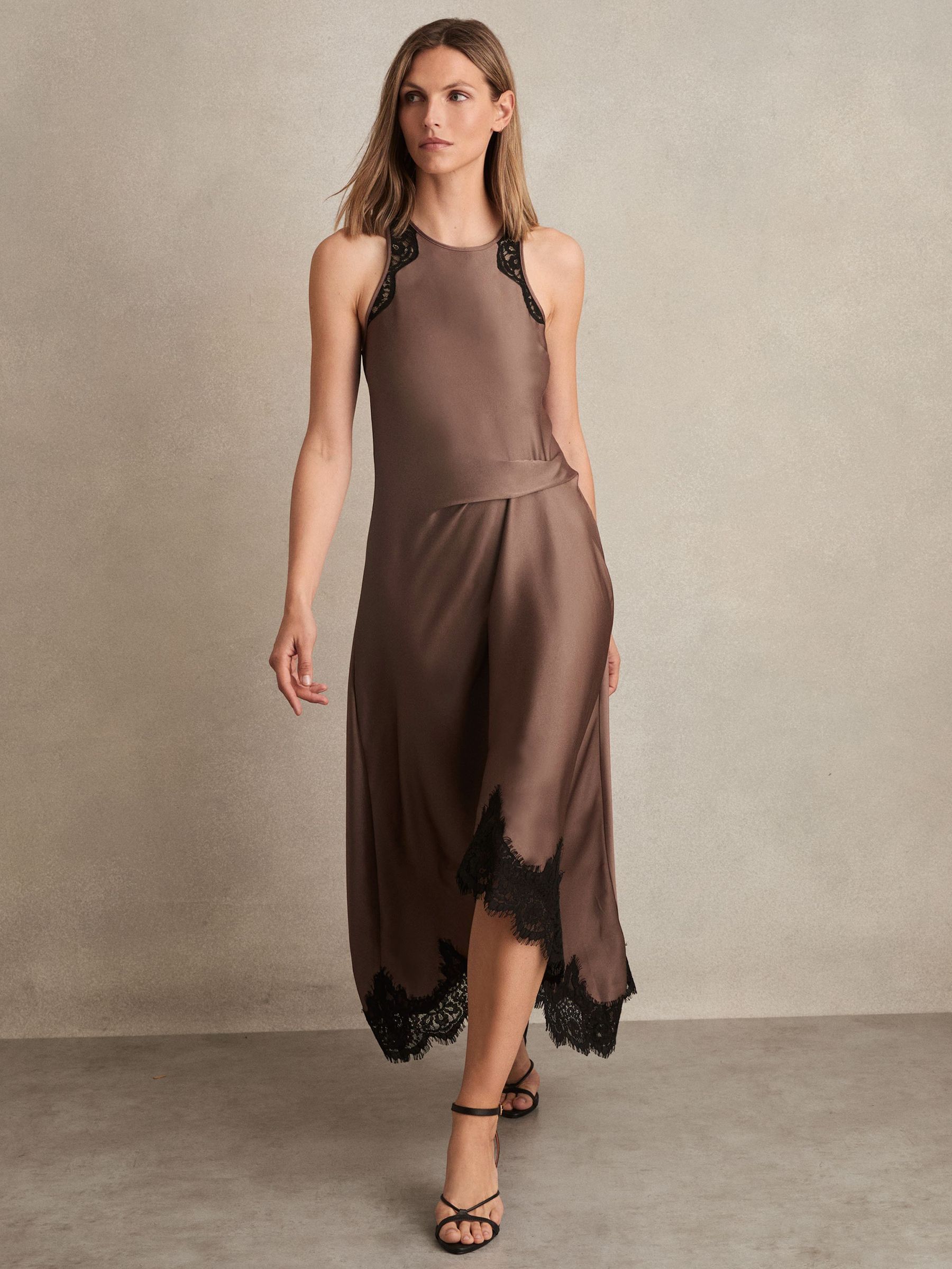 Satin Drape Lace-Trim Dress in Mocha Brown (F96670) | €245