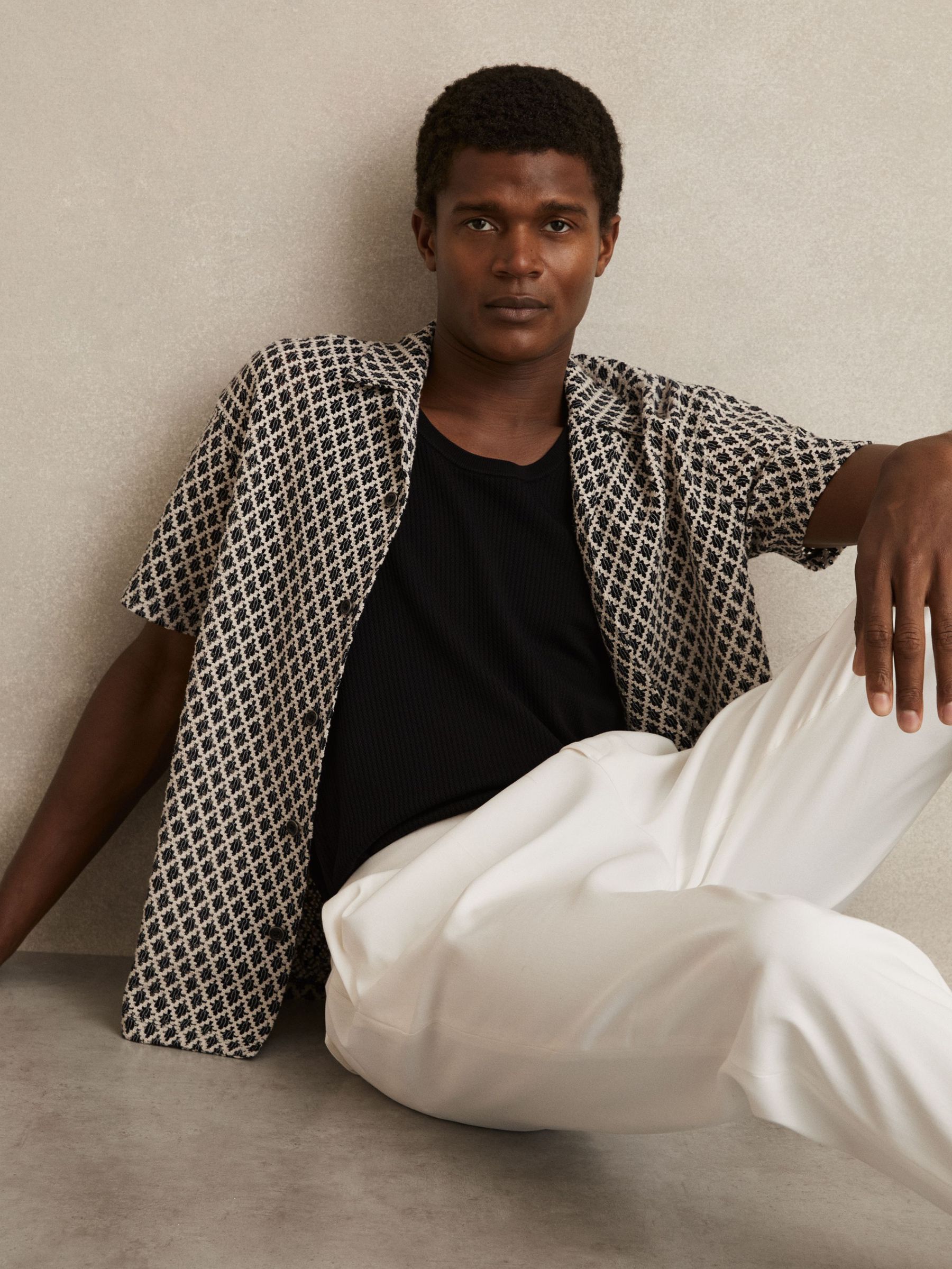 Geometric-Crochet Cuban-Collar Shirt in Navy/White (F97645) | $195