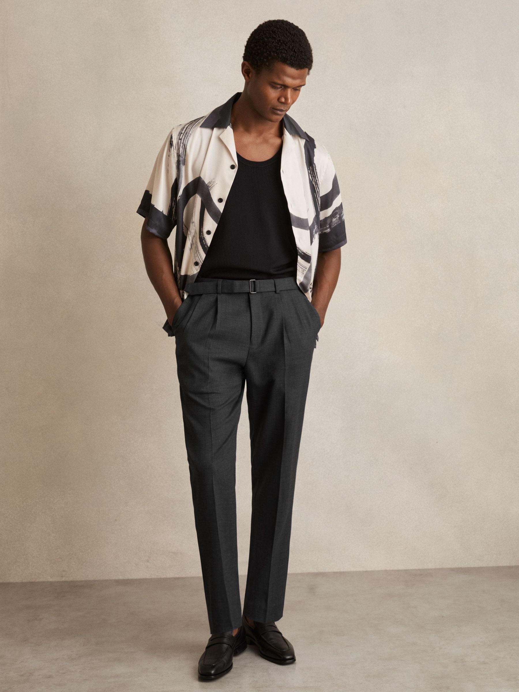 Regular Fit Wool Blend Belted Pleated Trousers in Charcoal Grey (F97654) | €195