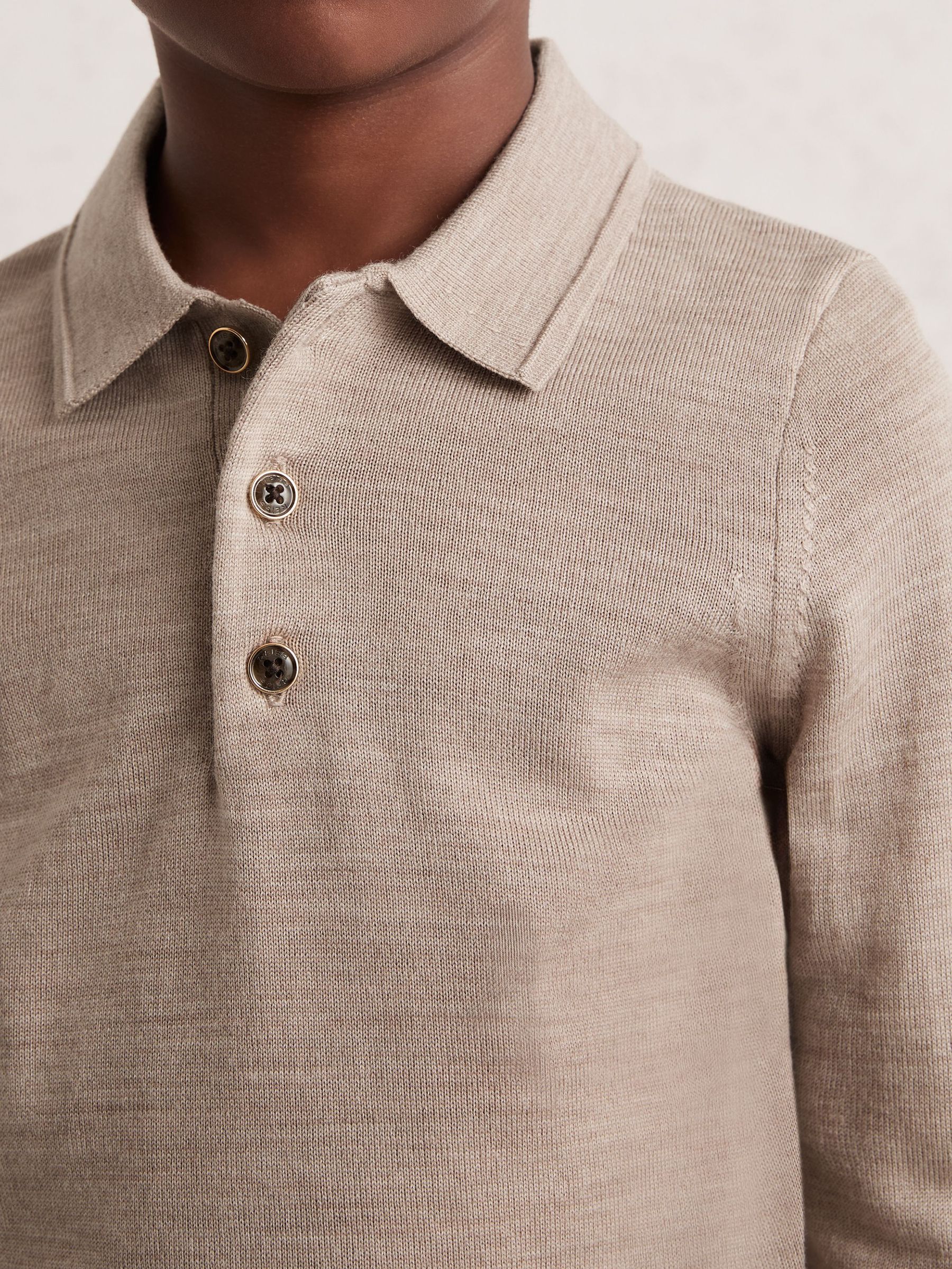 9-13 yrs Merino Wool Long-Sleeve Polo Shirt in Wheat Melange (F97663) | $65