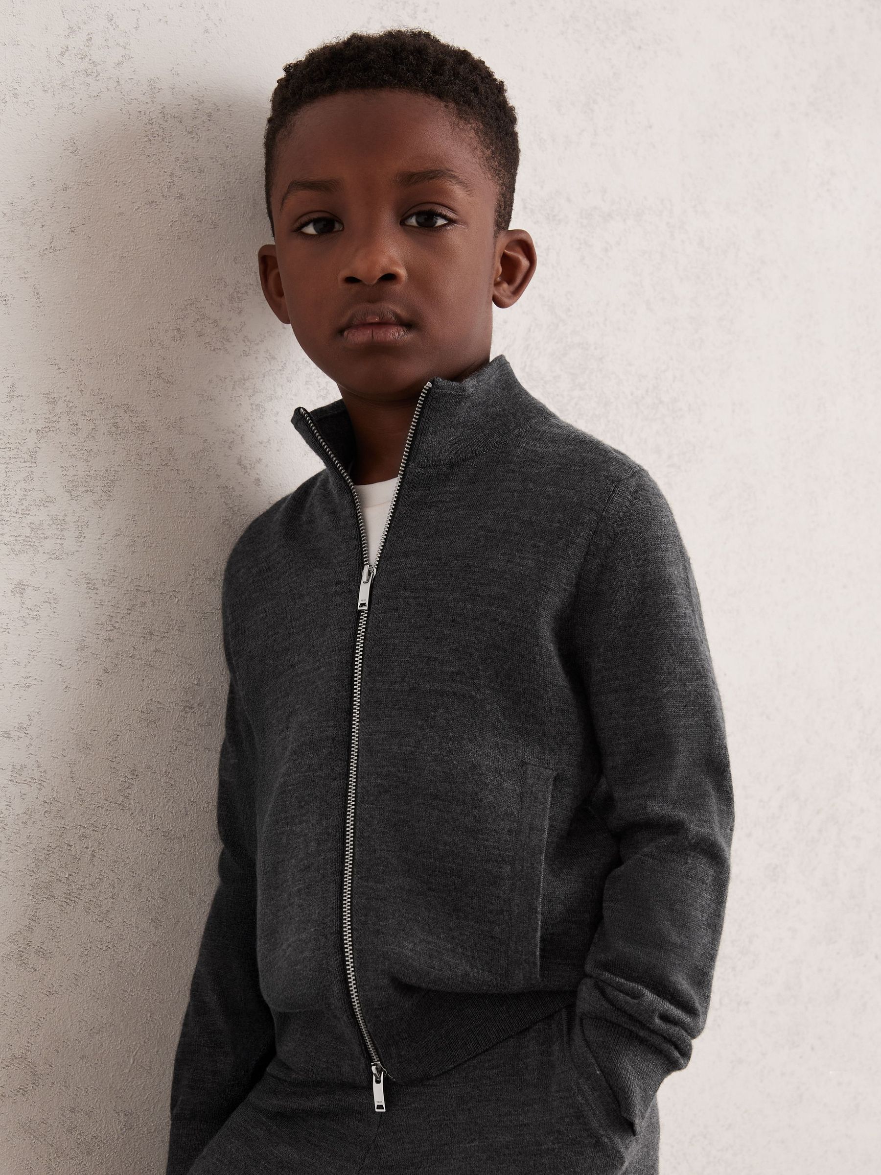 Merino Wool-Blend Zip-Through Cardigan in Derby Grey Melange (F97668) | €55