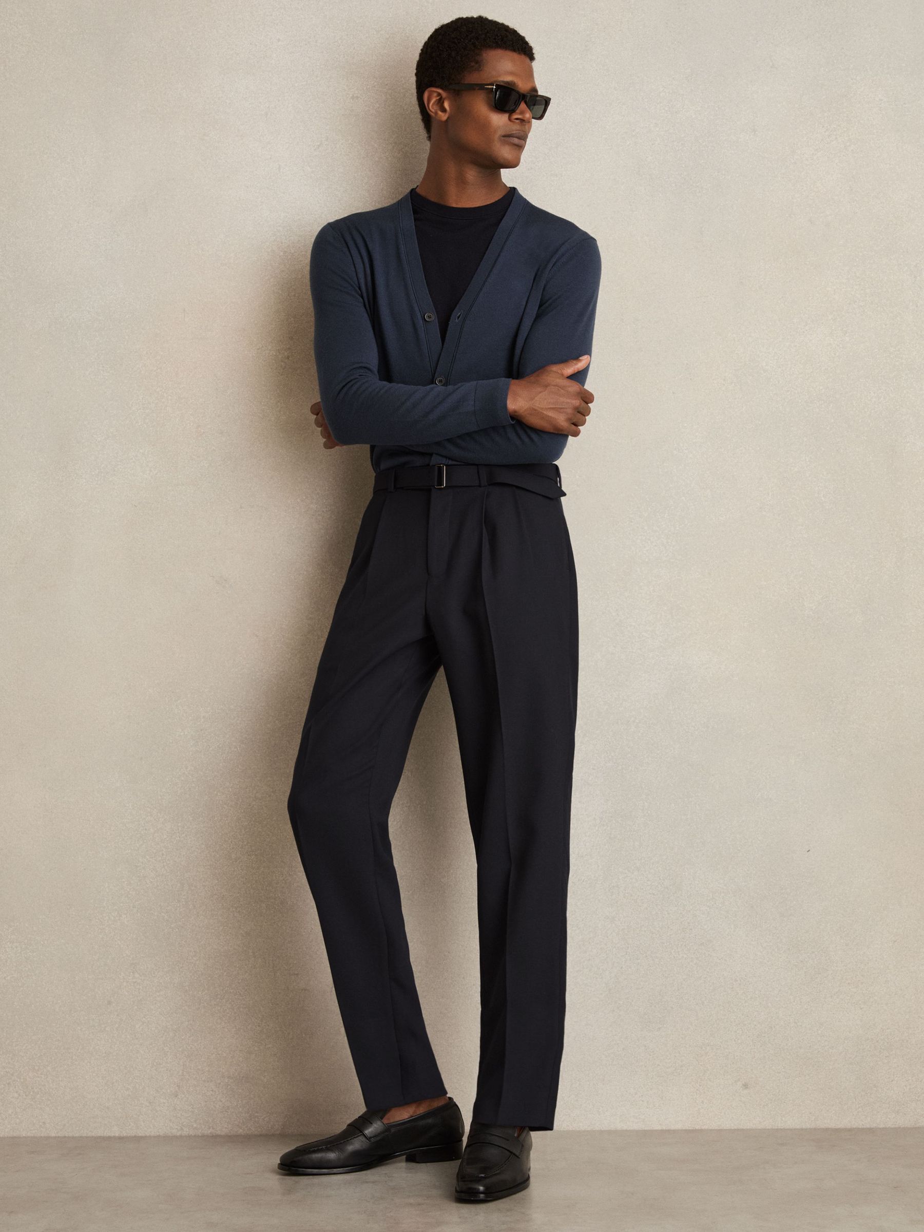 Regular Fit Wool Blend Belted Pleated Trousers in Navy (F97669) | US$240