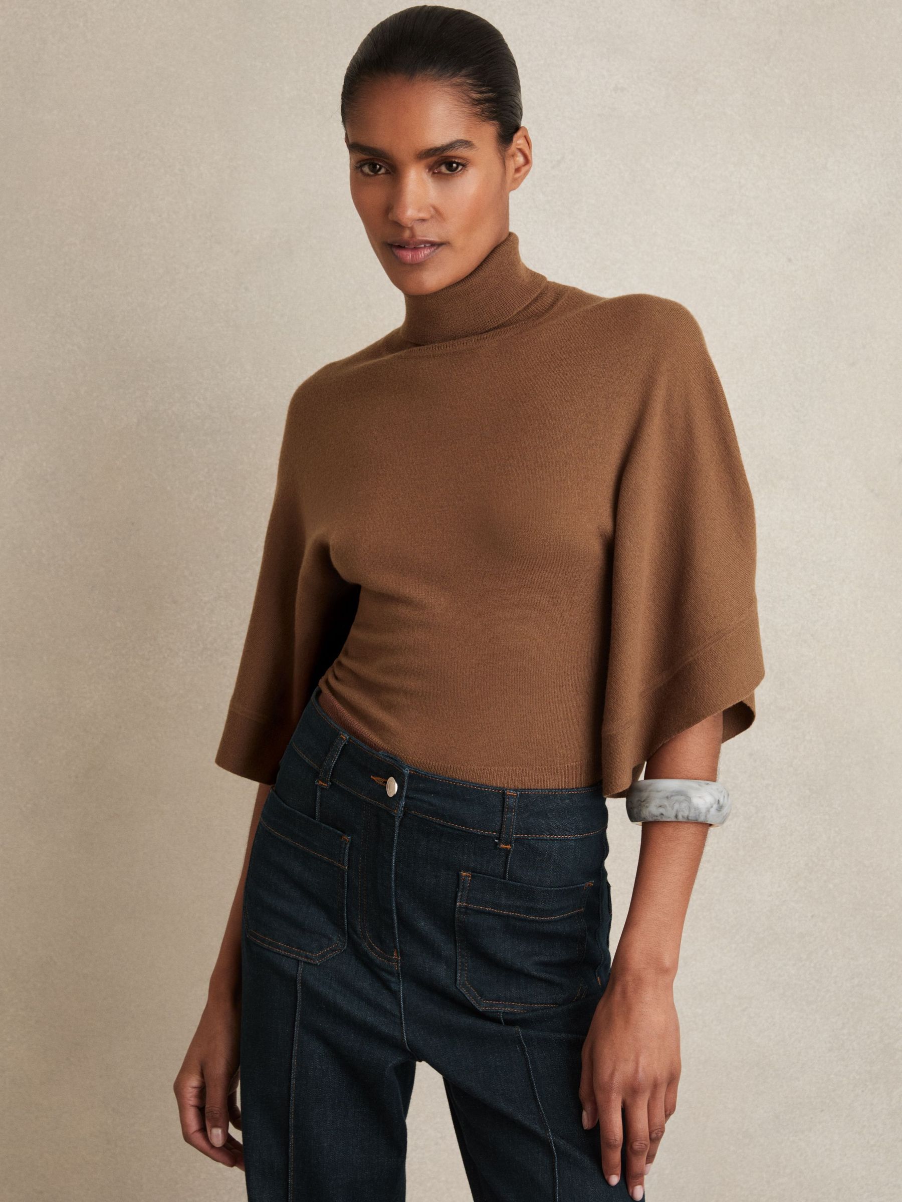Merino Wool Batwing Roll-Neck Jumper in Tan (F97680) | €125