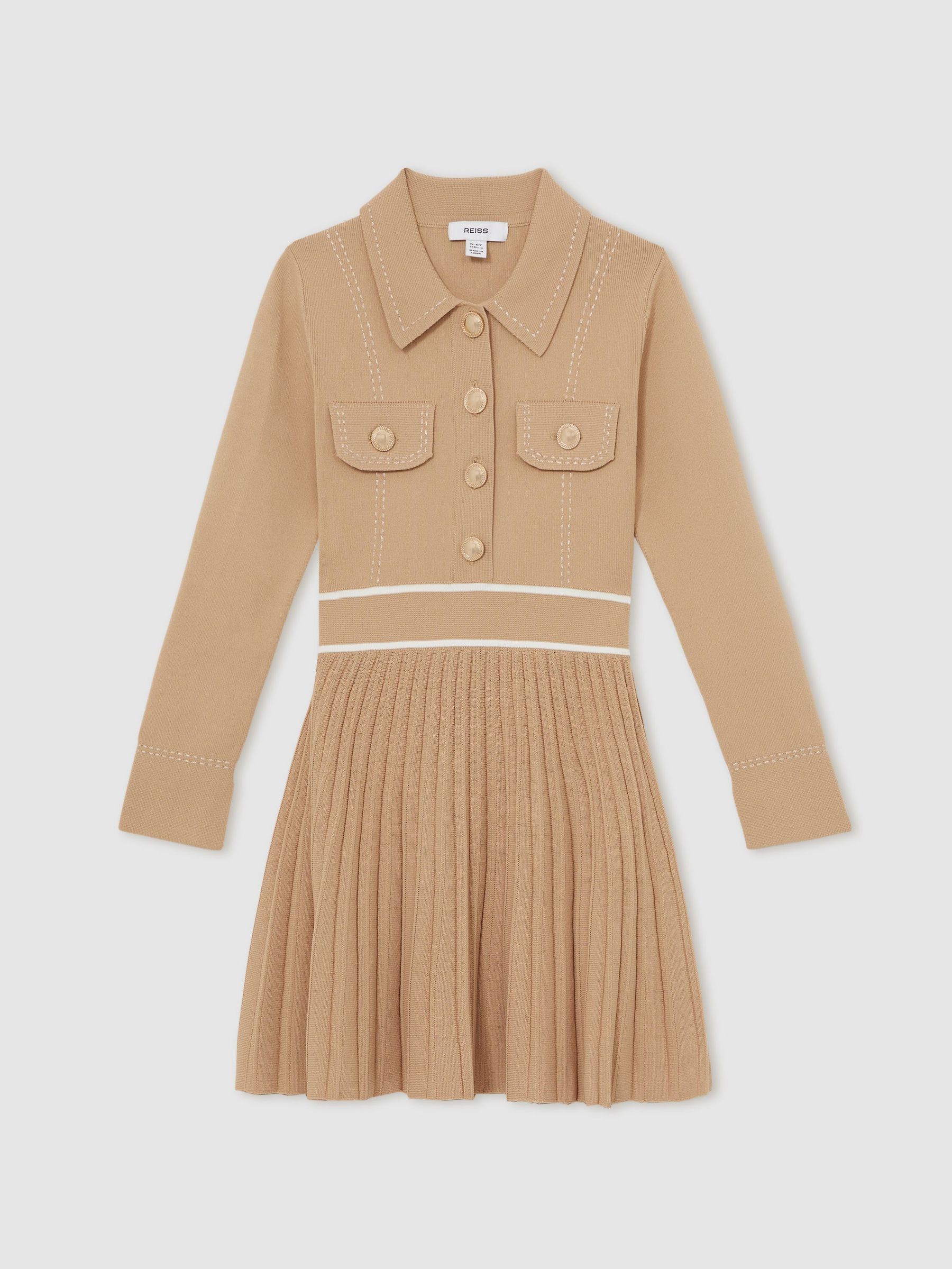 13-14 yrs Button-Detail Stripe Knitted Dress in Camel (F97686) | 440 QAR