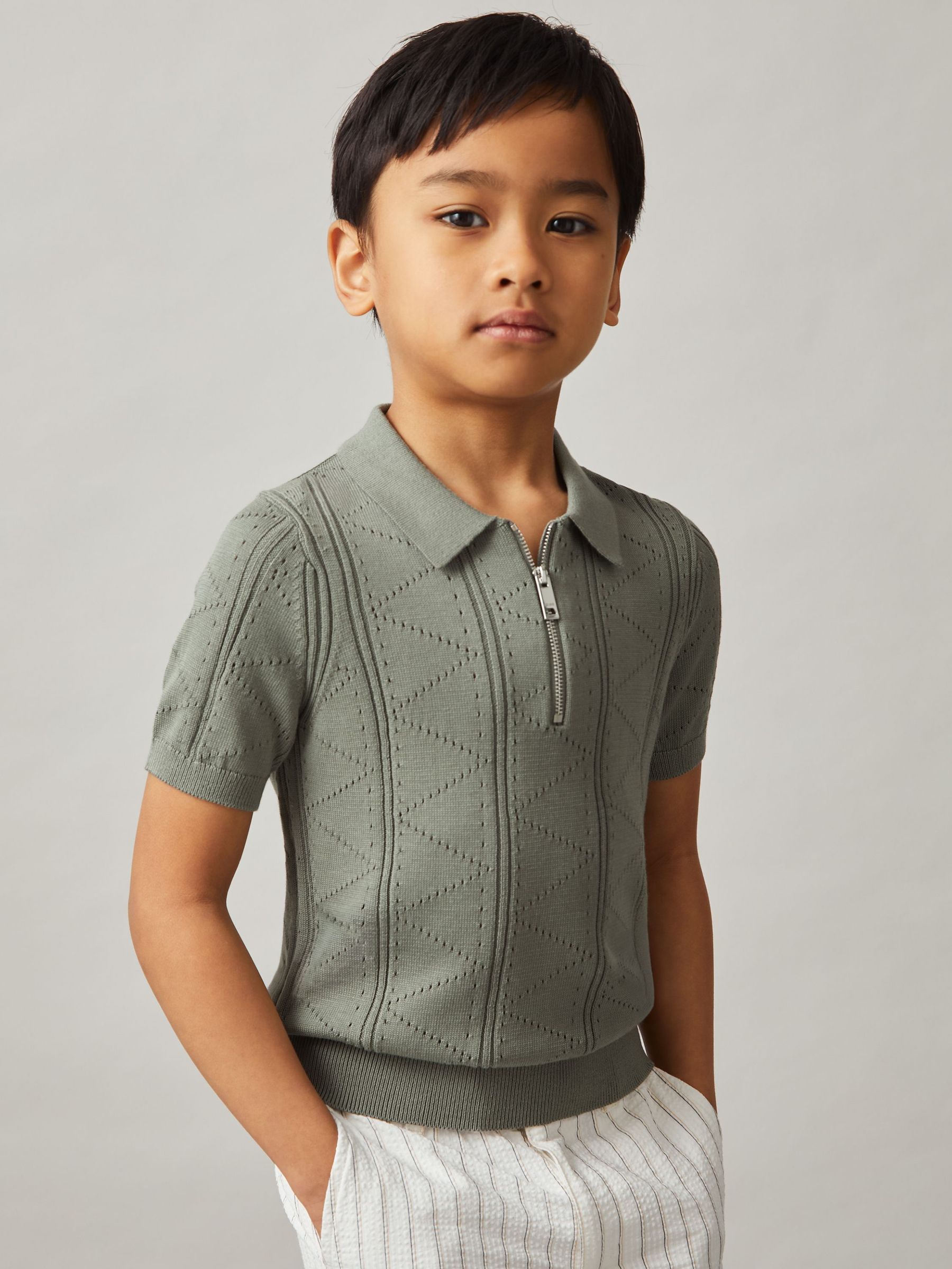 3-9 yrs Half-Zip Pointelle Polo Shirt in Sage (F97692) | $60