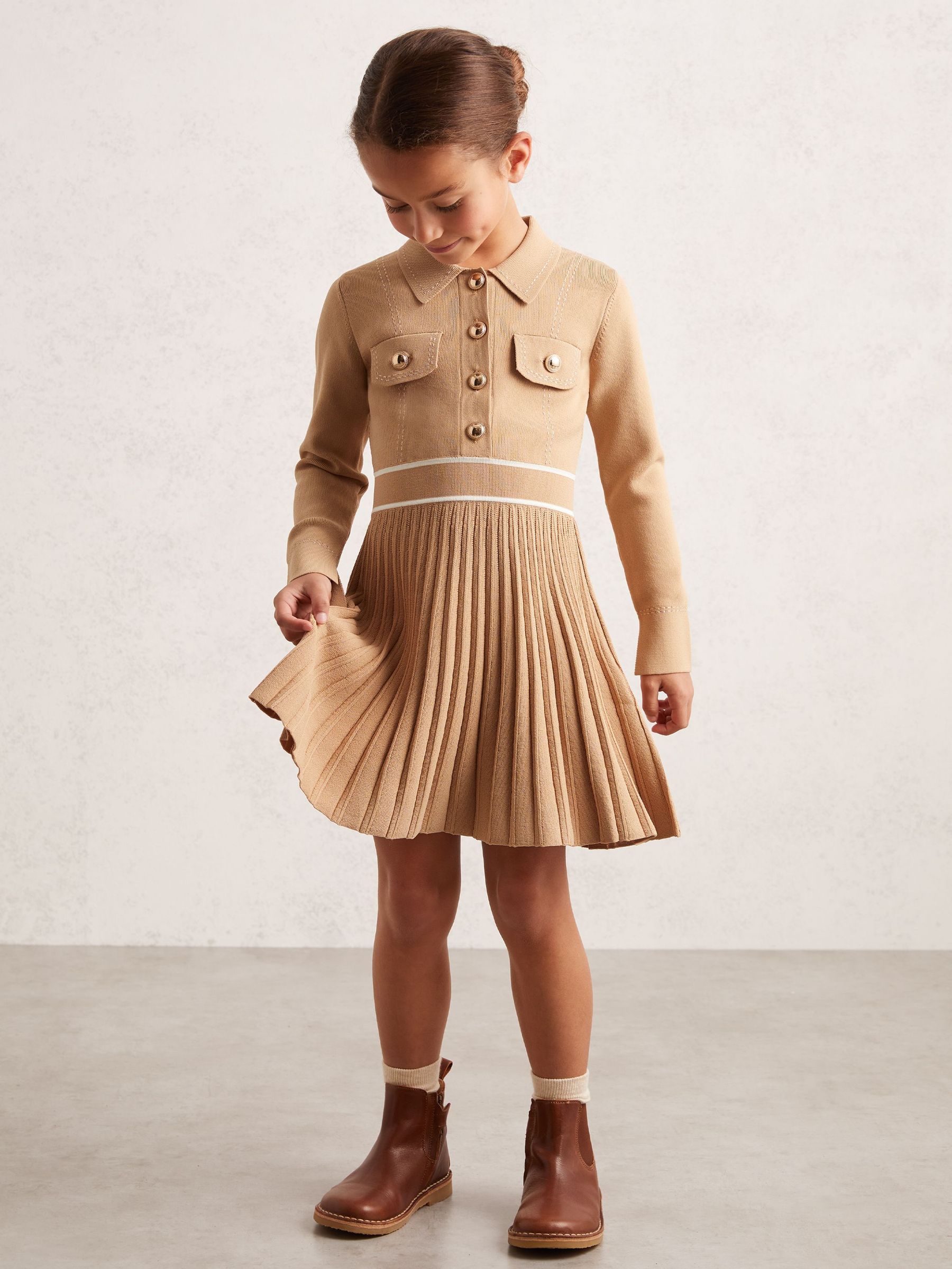 4-9 yrs Knitted Contrast Stitch Dress in Camel (F97693) | 400 SAR
