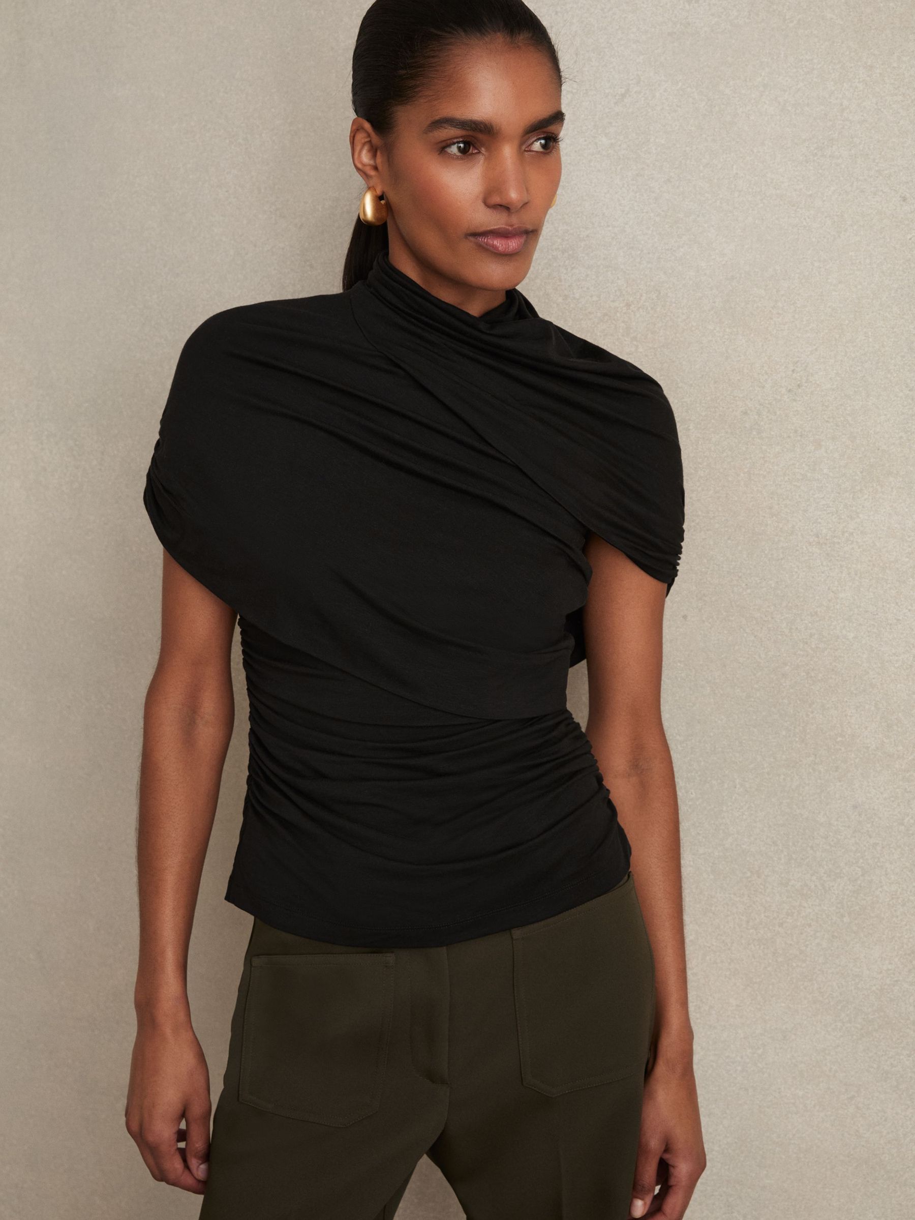 Stretch Lyocell Draped Top in Black (F97712) | US$180