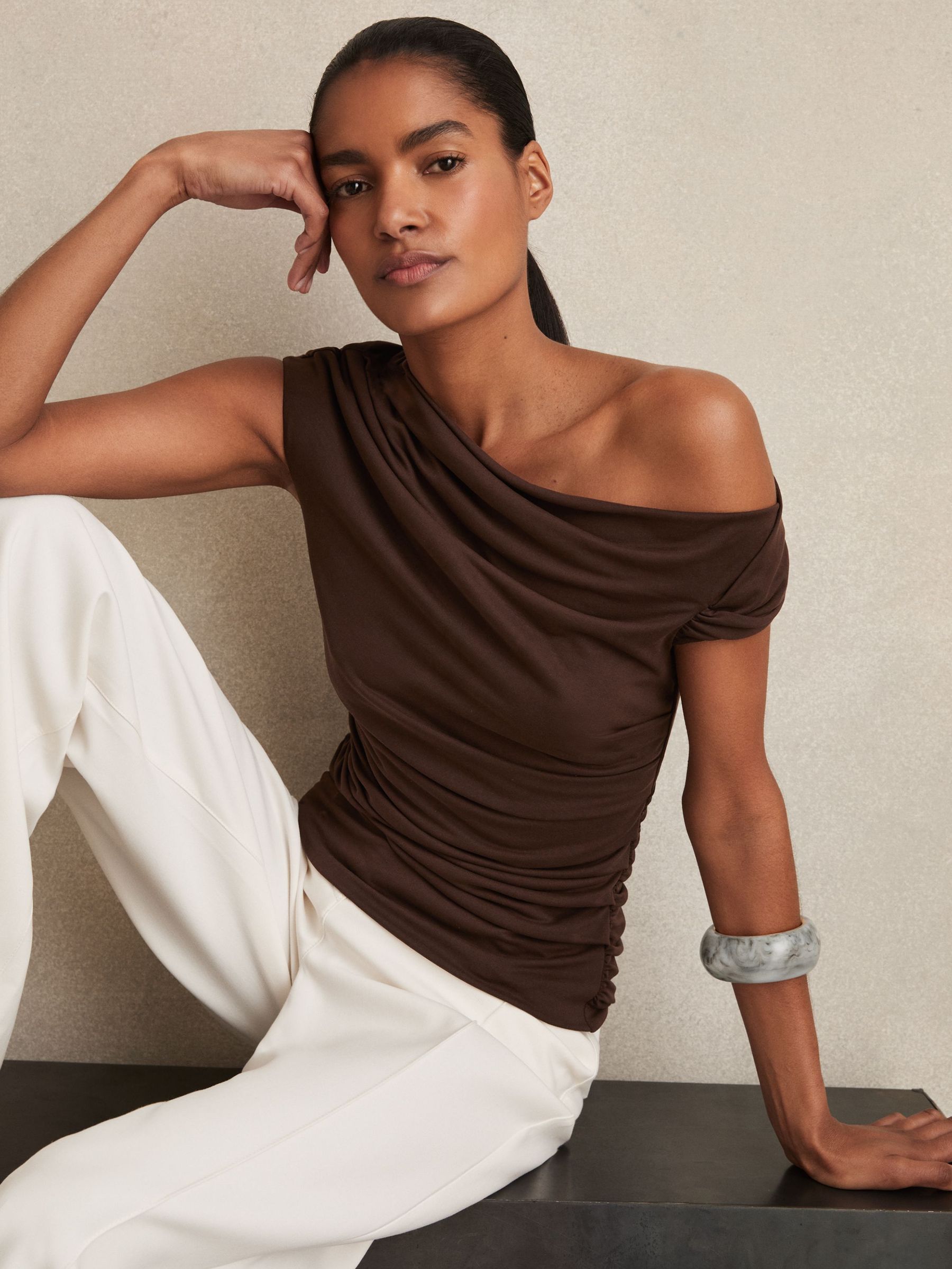 Modal-Blend Ruched Off-Shoulder Top in Chocolate Brown (F97713) | US$160
