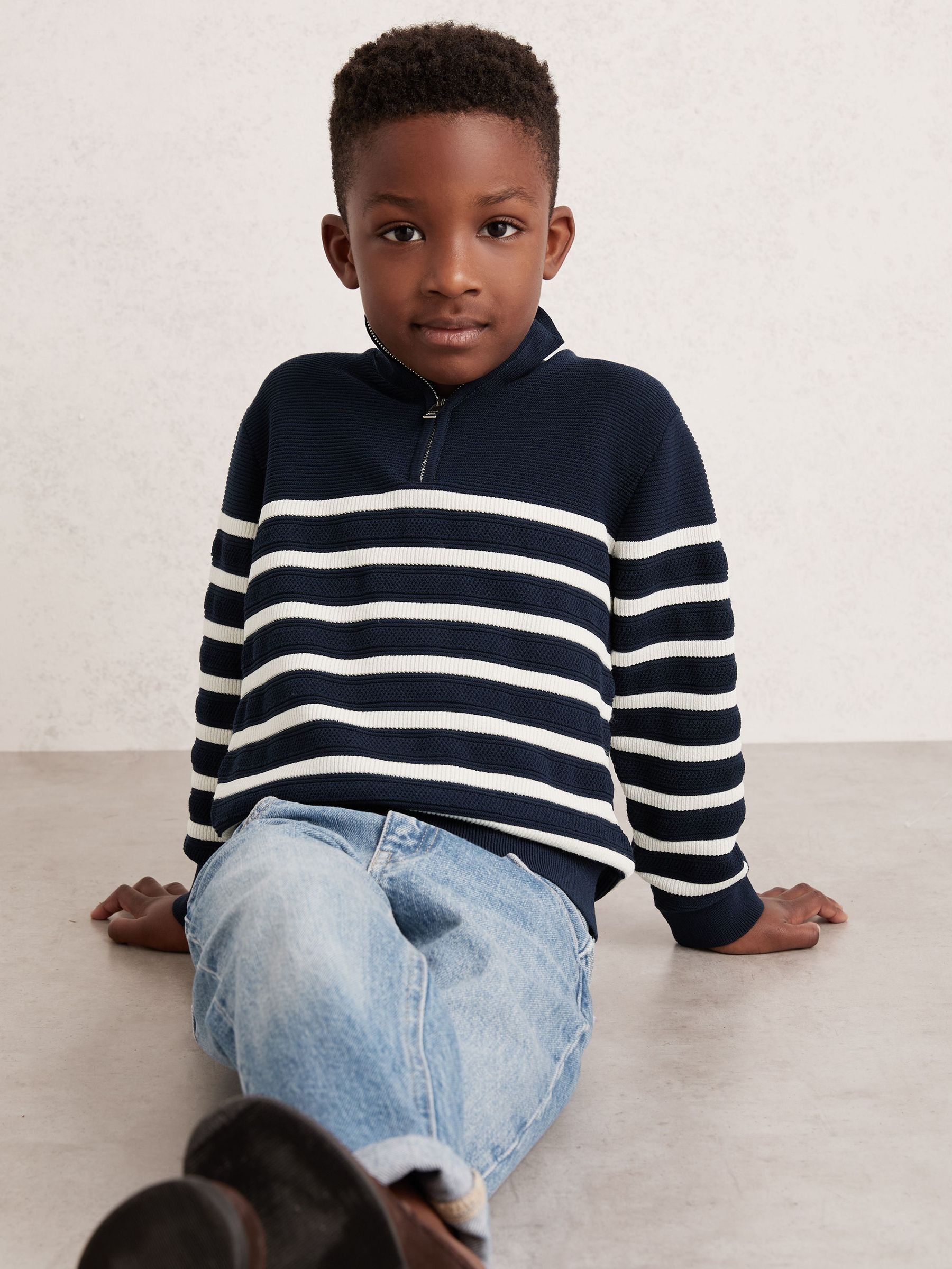 3-9 yrs Cotton-Blend Stripe Half-Zip Jumper in Navy/Off White (F97717) | $75