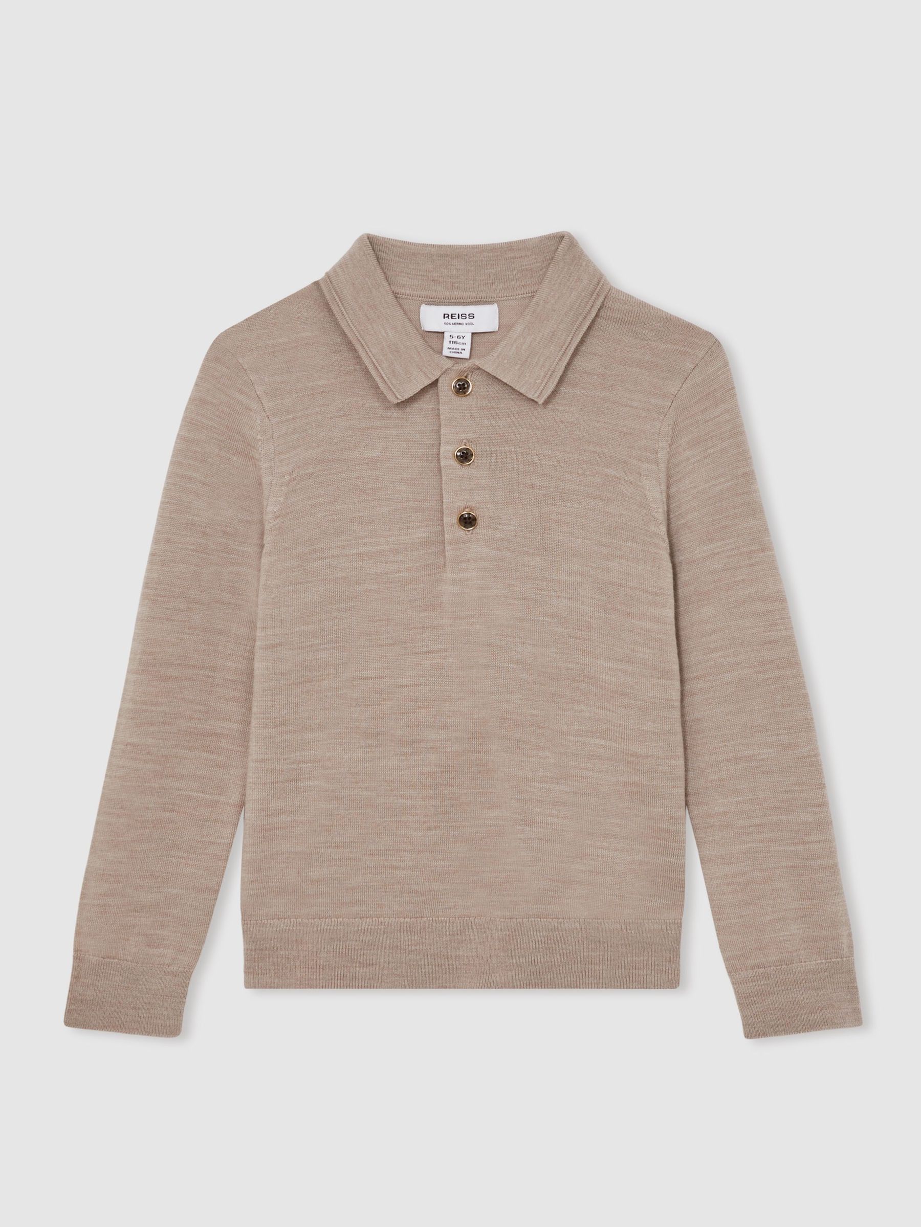 13-14 yrs Merino Wool Long-Sleeve Polo Shirt in Wheat Melange (F97725) | $75
