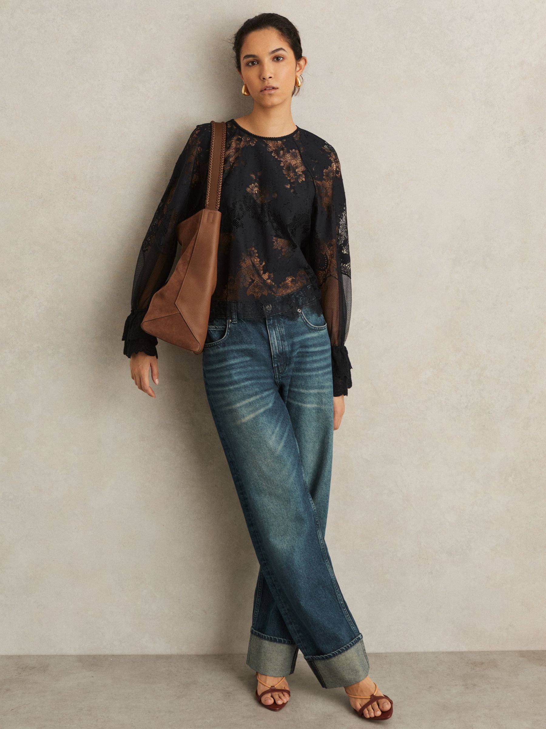 Lace Flared-Cuff Blouse in Navy (F97749) | €245