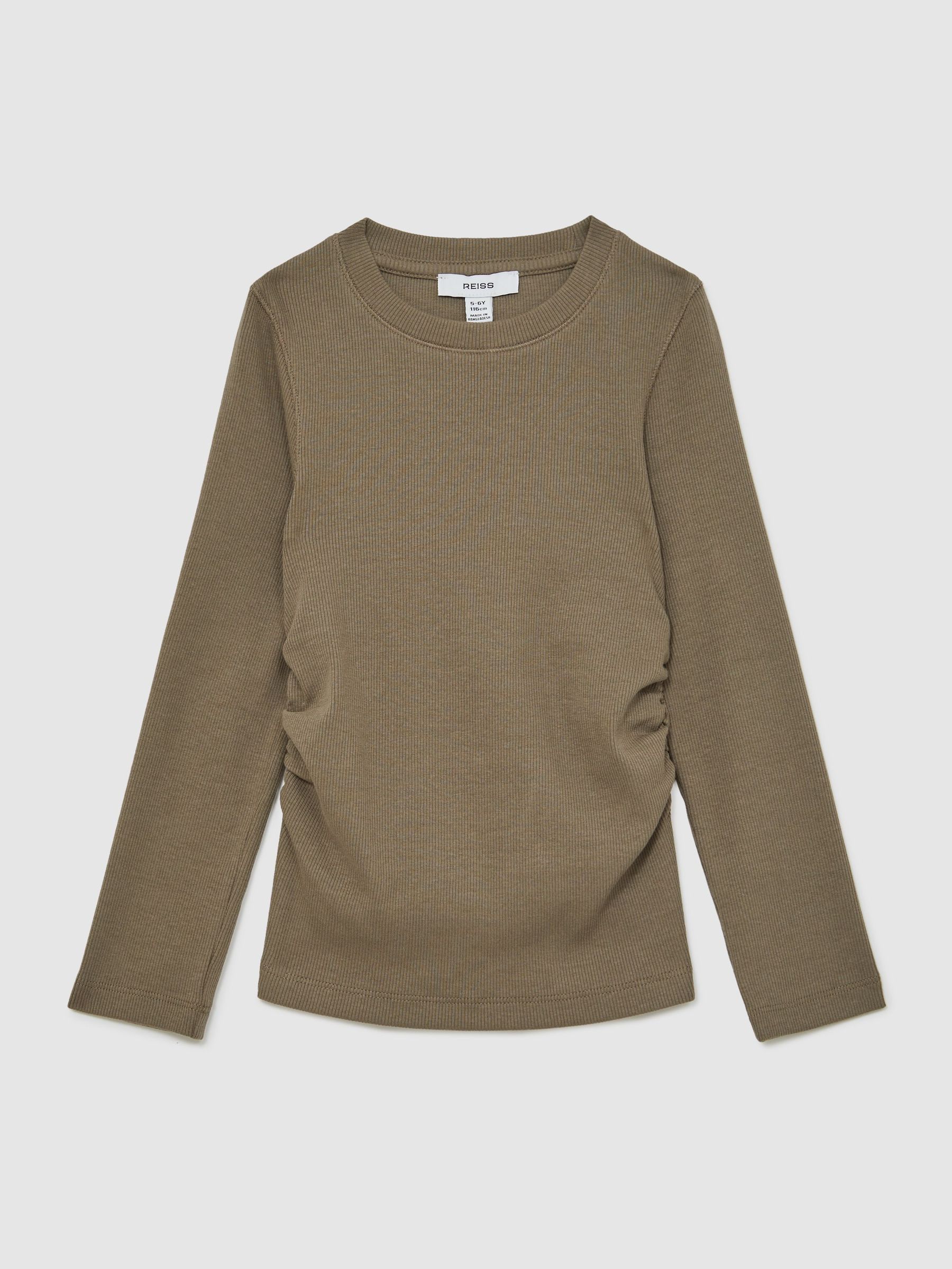 13-14 yrs Cotton Ruched Long-Sleeve T-Shirt with Stretch in Khaki (F97754) | €25