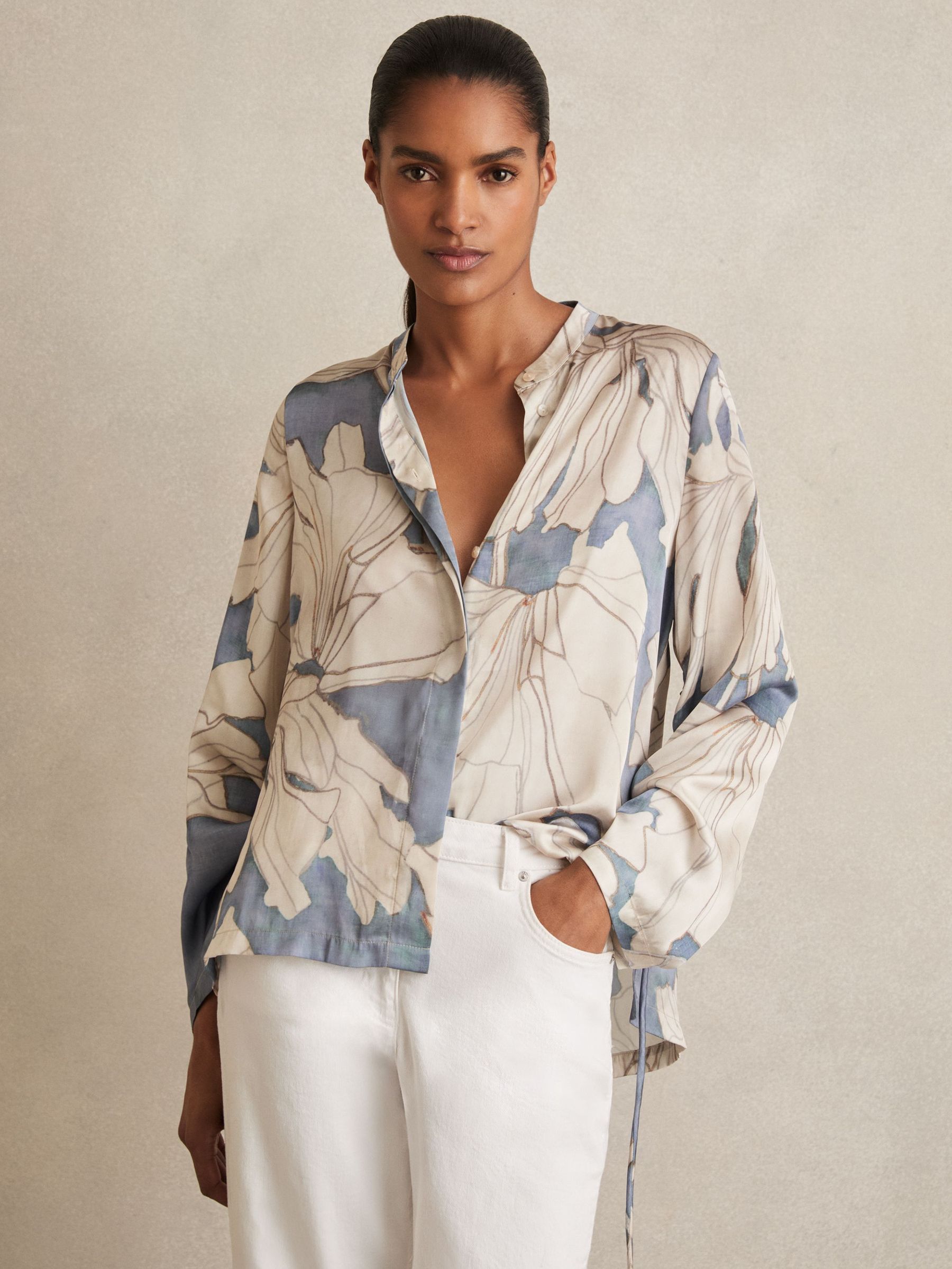 Floral Gathered Cut-Out Shirt in Blue (F97772) | US$285