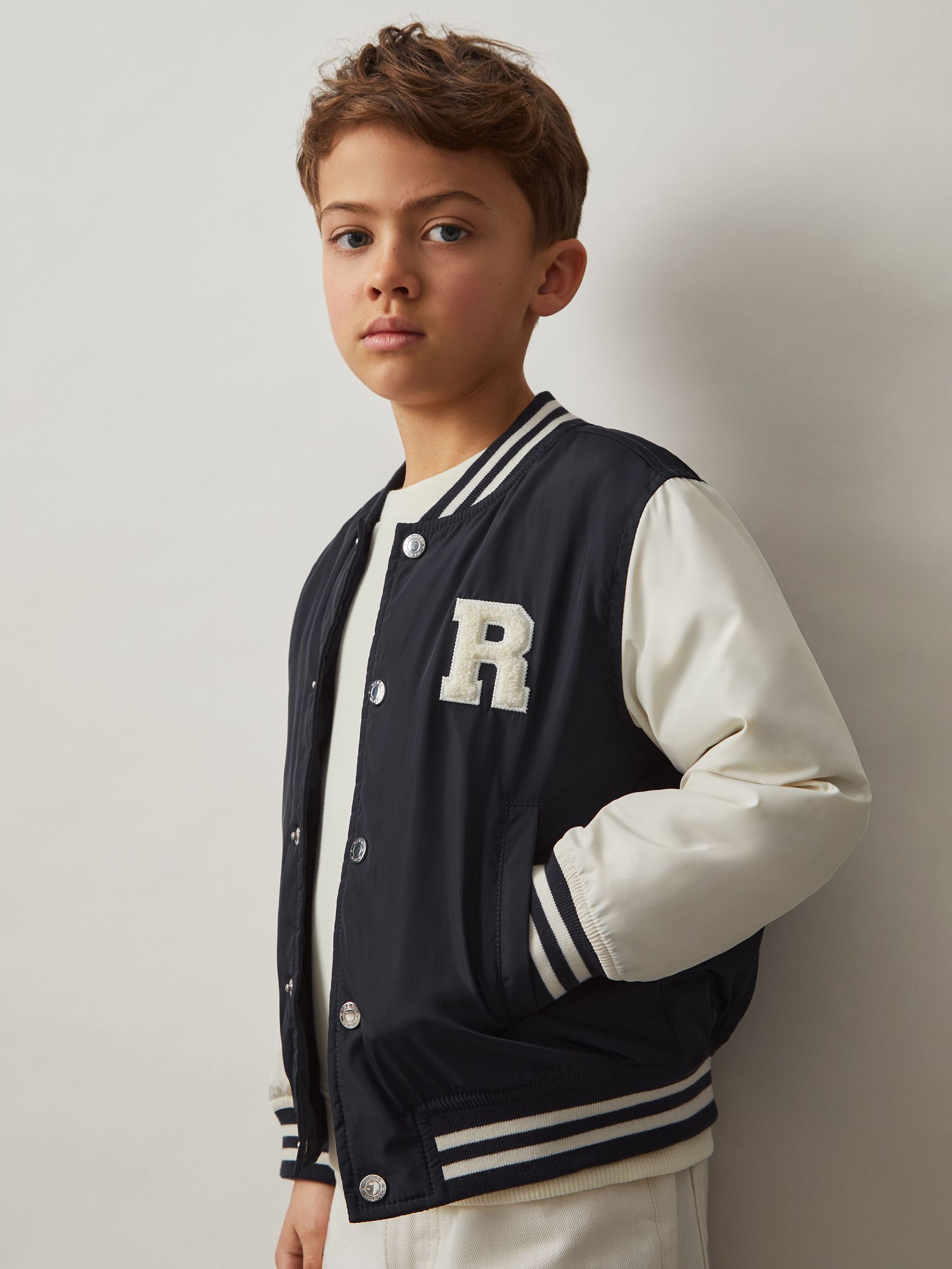 Colourblock Varsity Bomber Jacket in Navy/Off White (F97774) | US$120