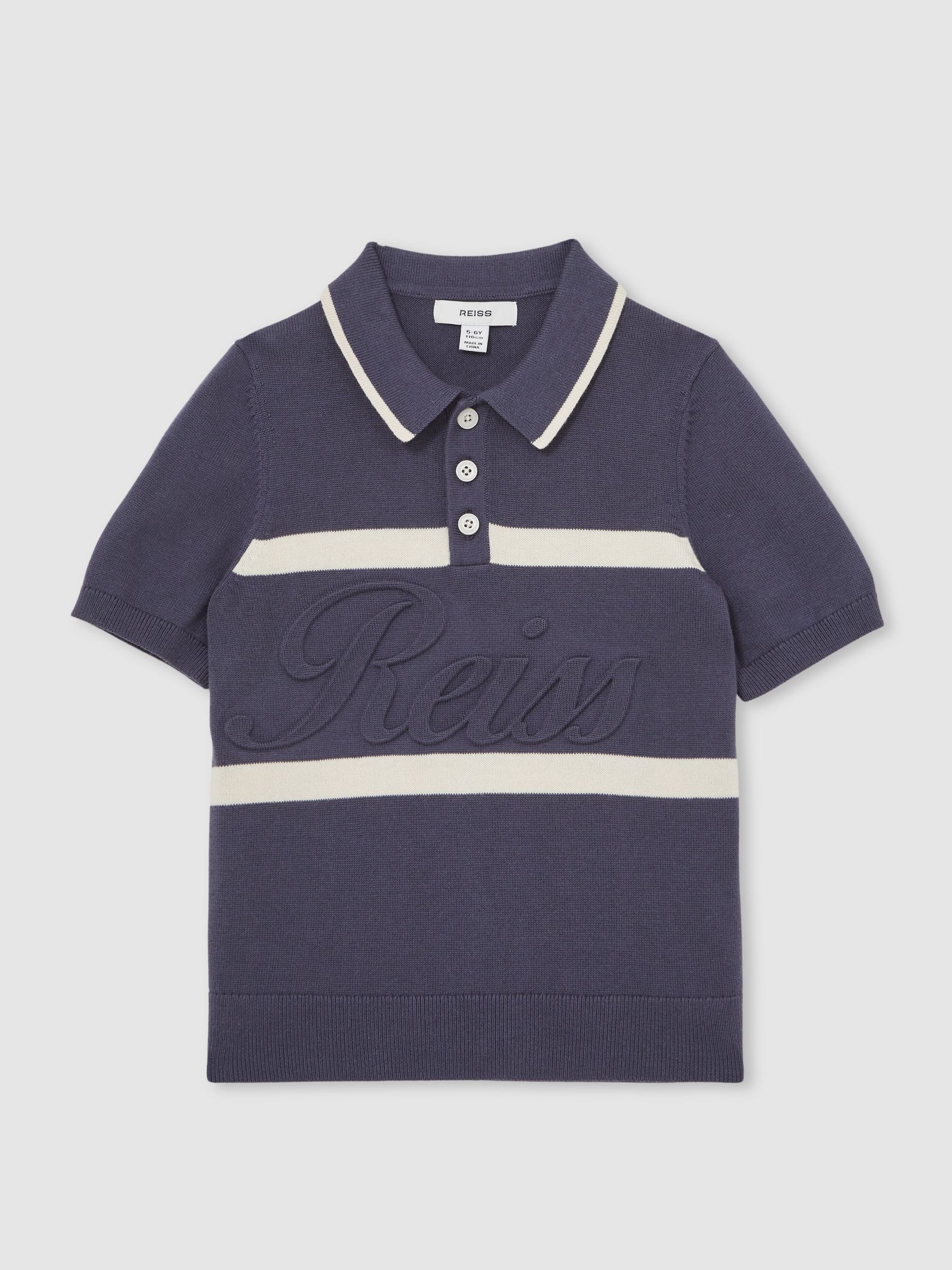 13-14 yrs Cotton Logo-Embossed Knit Polo Shirt in Indigo Blue/White (F97796) | CA$90