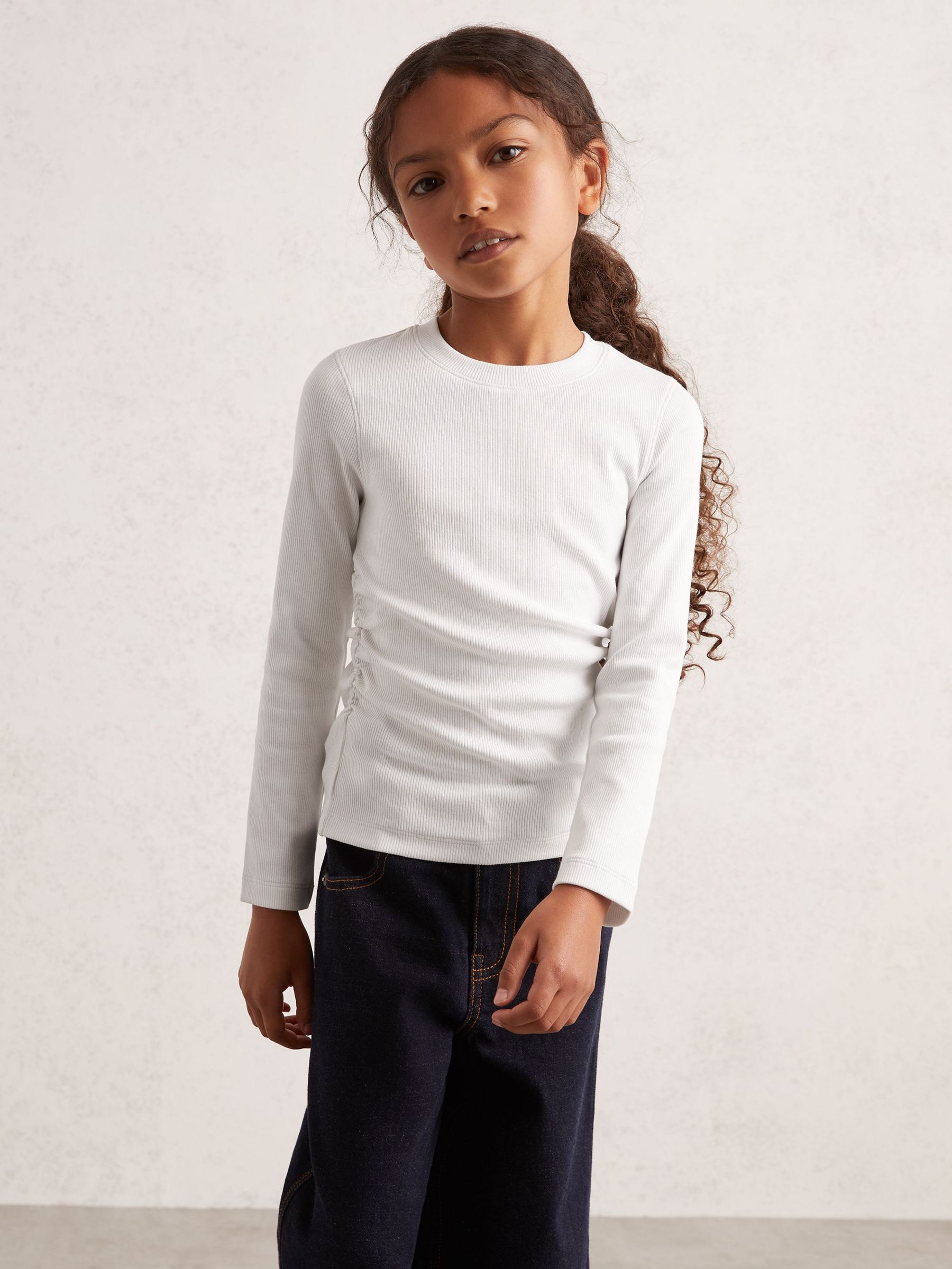 Cotton Ruched Long Sleeve T-Shirt with Stretch in Ivory (F97812) | CA$30