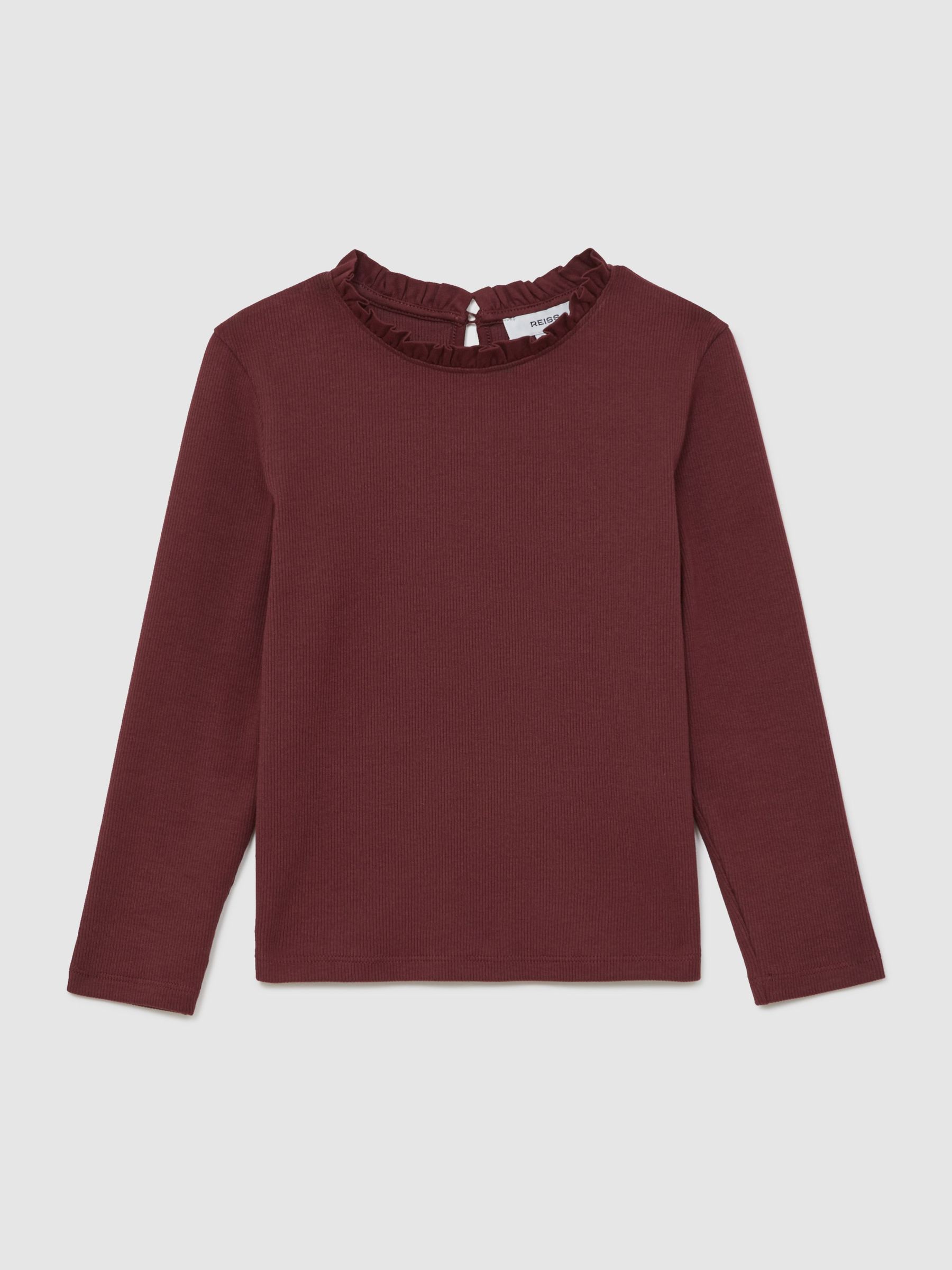 13-14 yrs Stretch-Cotton Ruffle-Neck Top in Burgundy (F97813) | 115 QAR