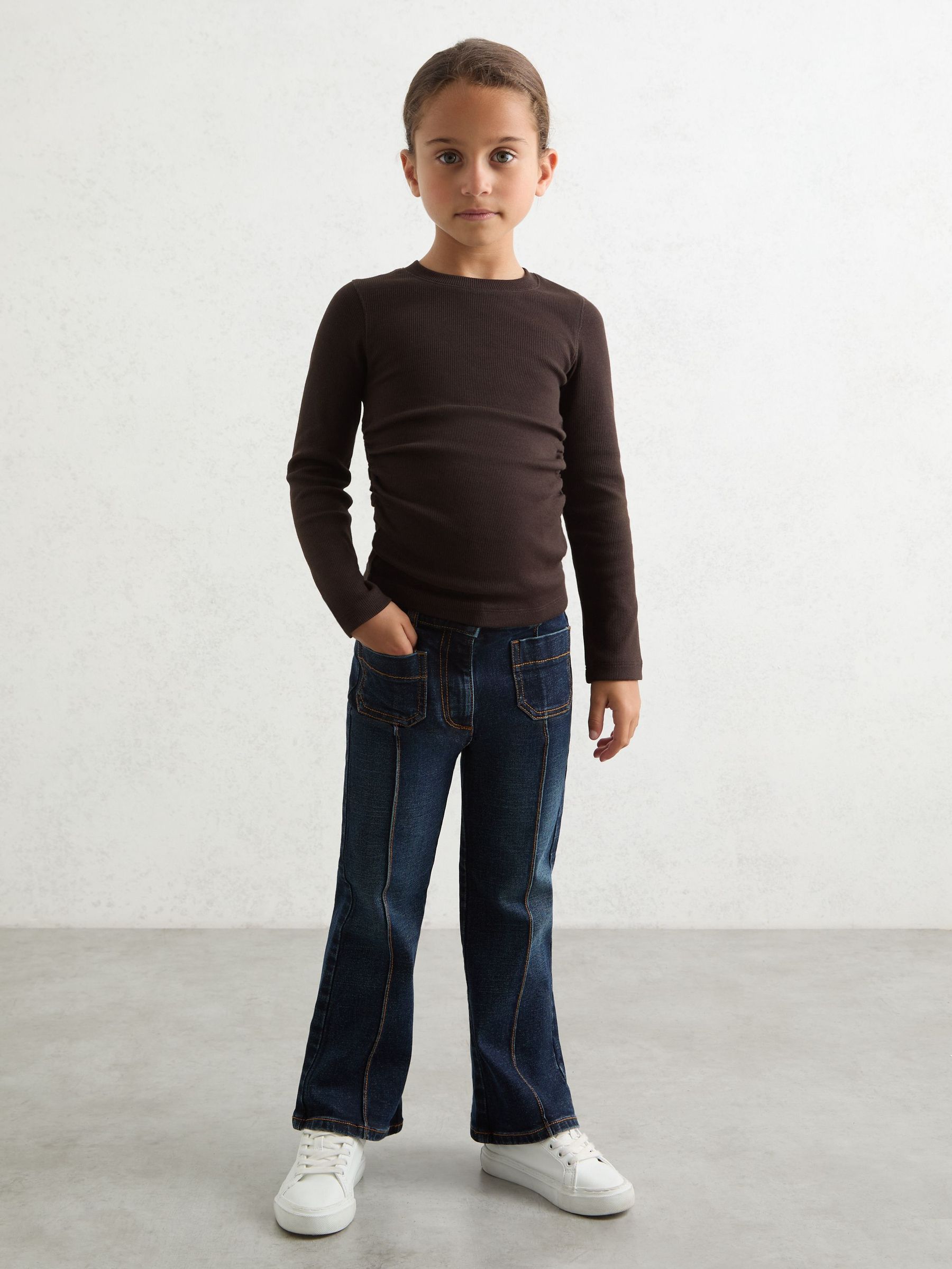 9-13 yrs Cotton Ruched Long-Sleeve T-Shirt with Stretch in Chocolate (F97815) | 90 QAR
