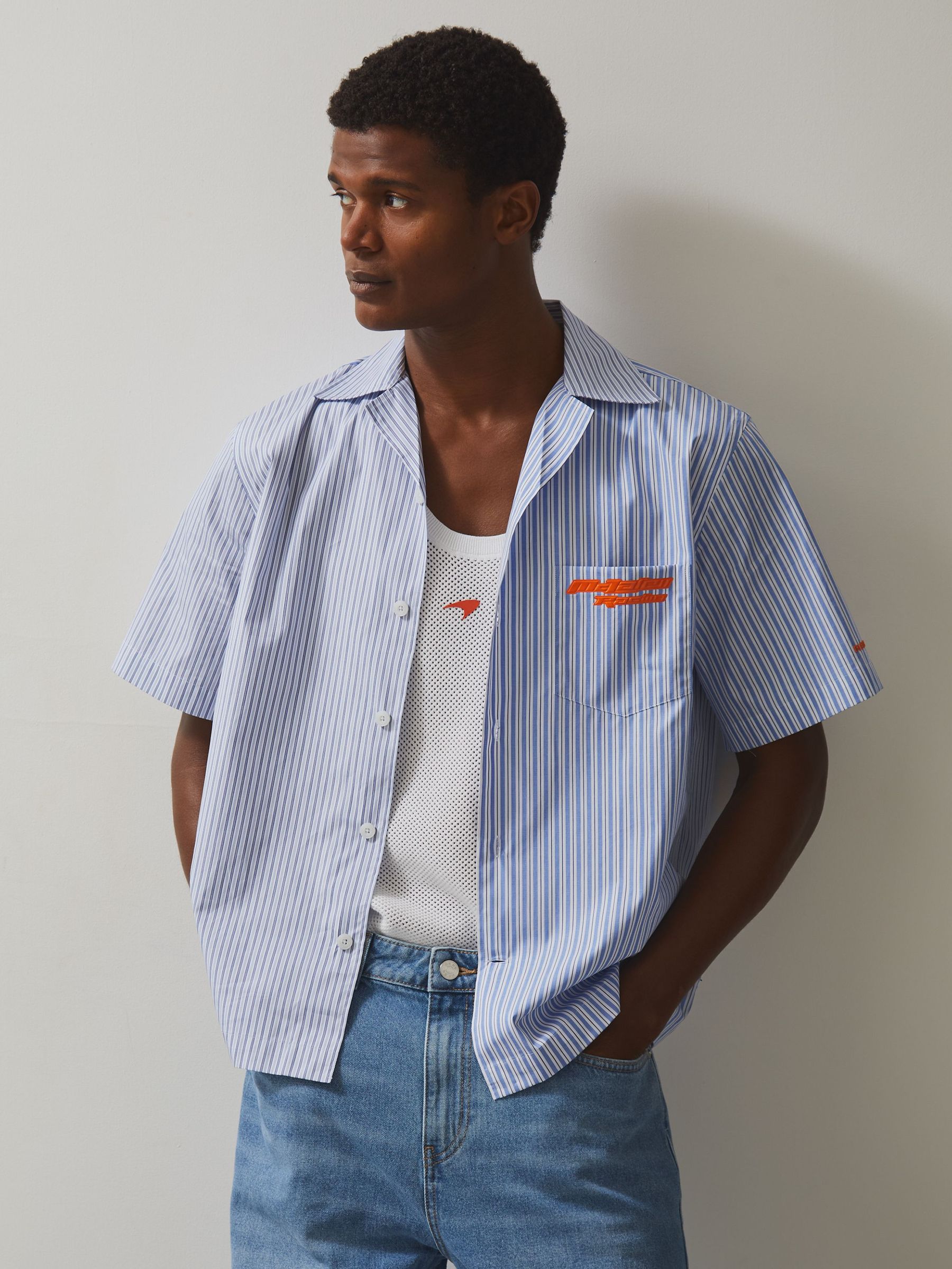 McLaren F1 Team Cuban Collar Striped Shirt in Soft Blue/White (F97831) | €79
