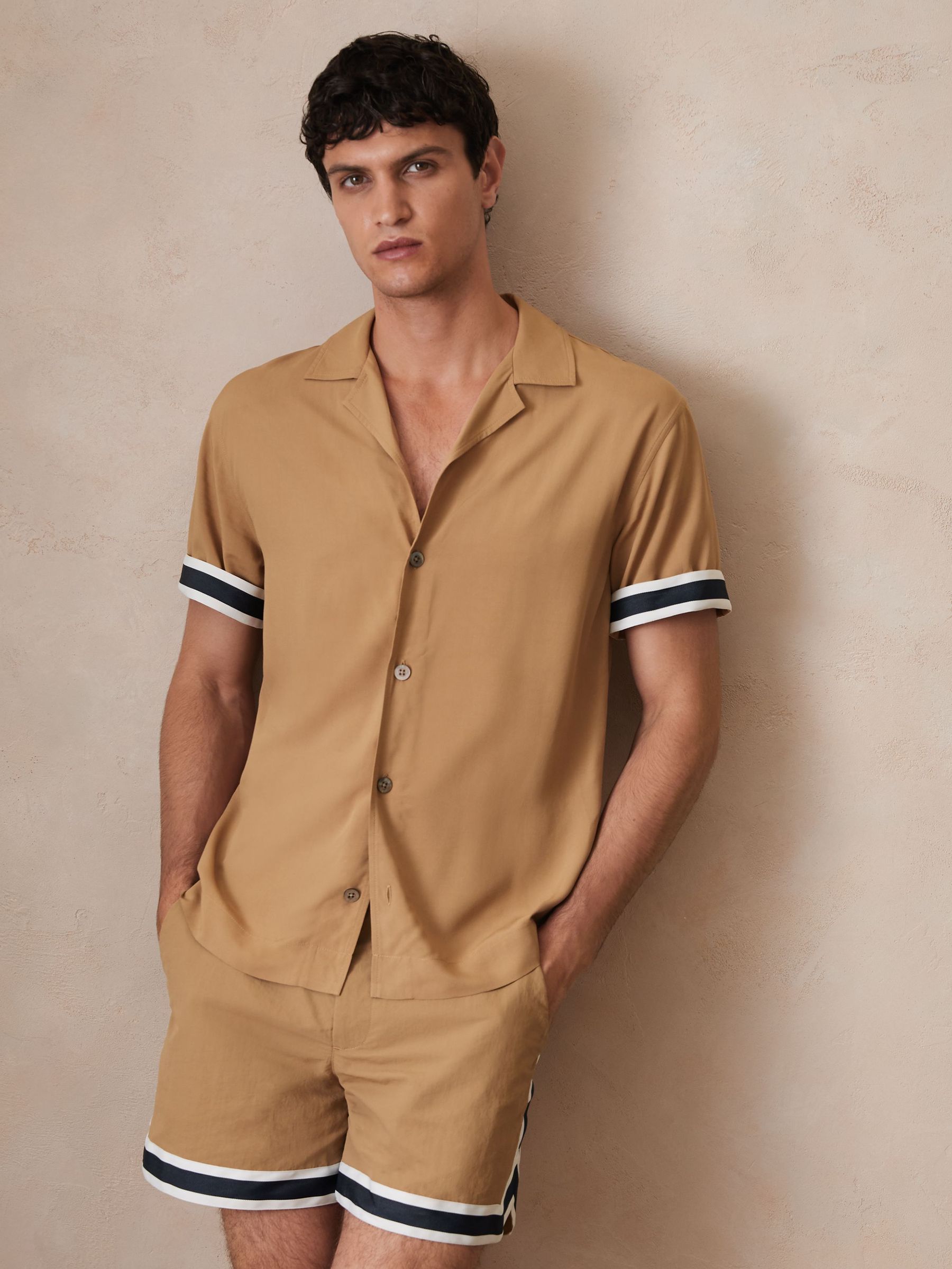 Reiss | Ché Stripe-Cuff Shirt in Camel (F97836) | US$160