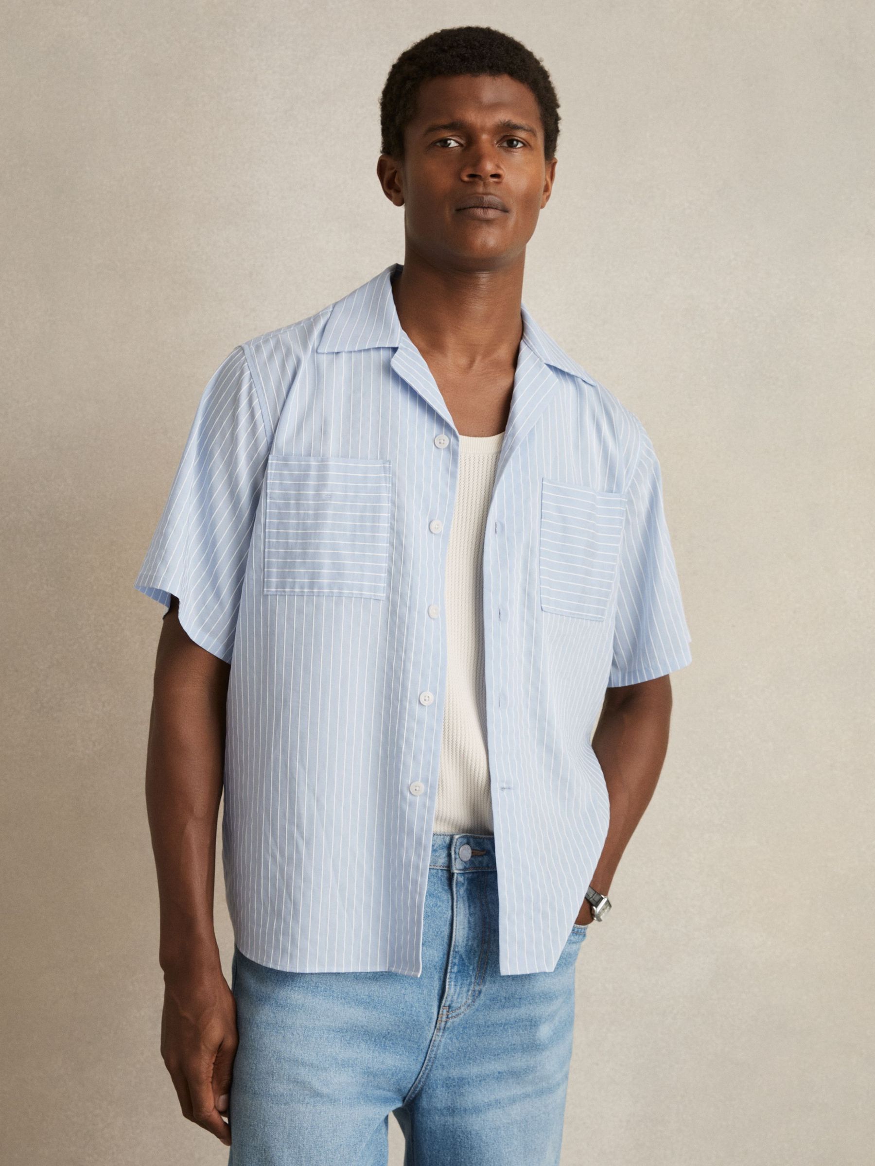 Lyocell-Blend Stripe Twin-Pocket Shirt in Soft Blue/White (F97844) | 331 QAR