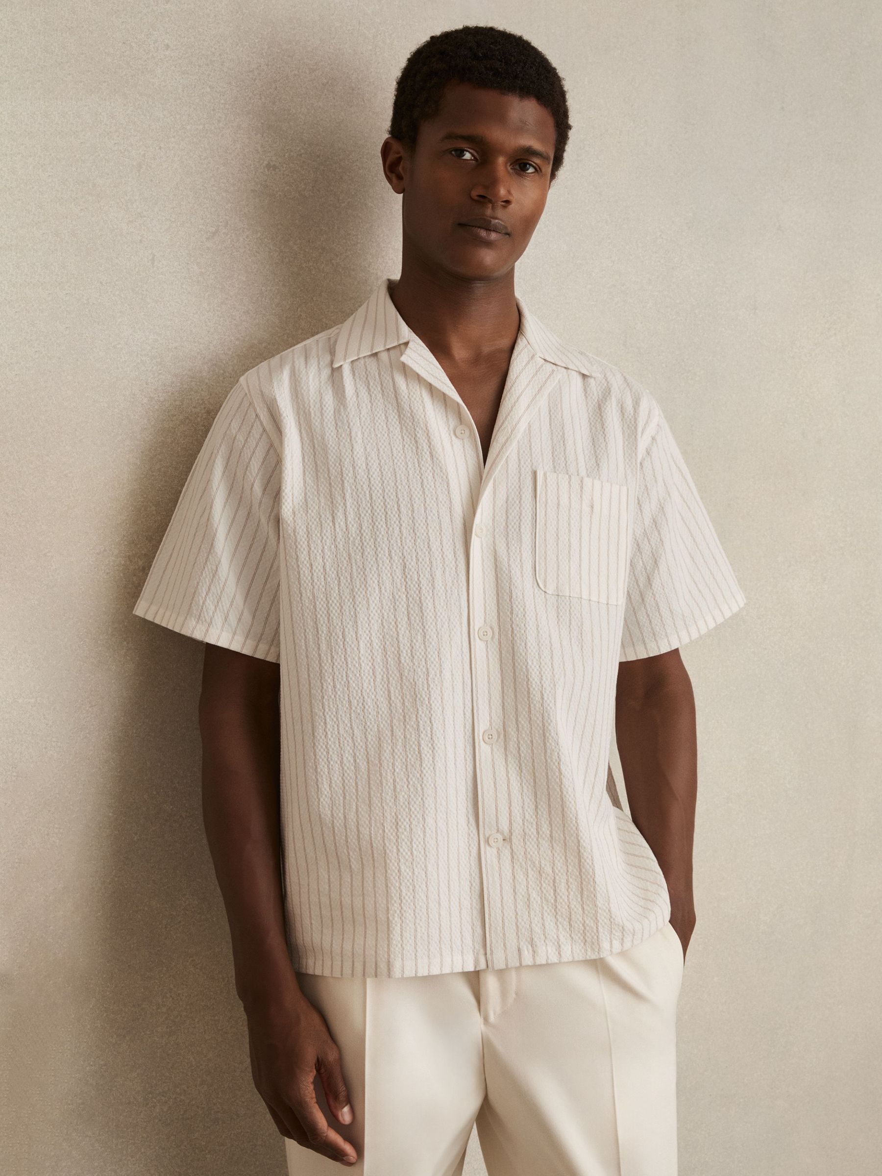 Cotton-Blend Seersucker Stripe Shirt in White/Taupe Brown (F97845) | SGD 117