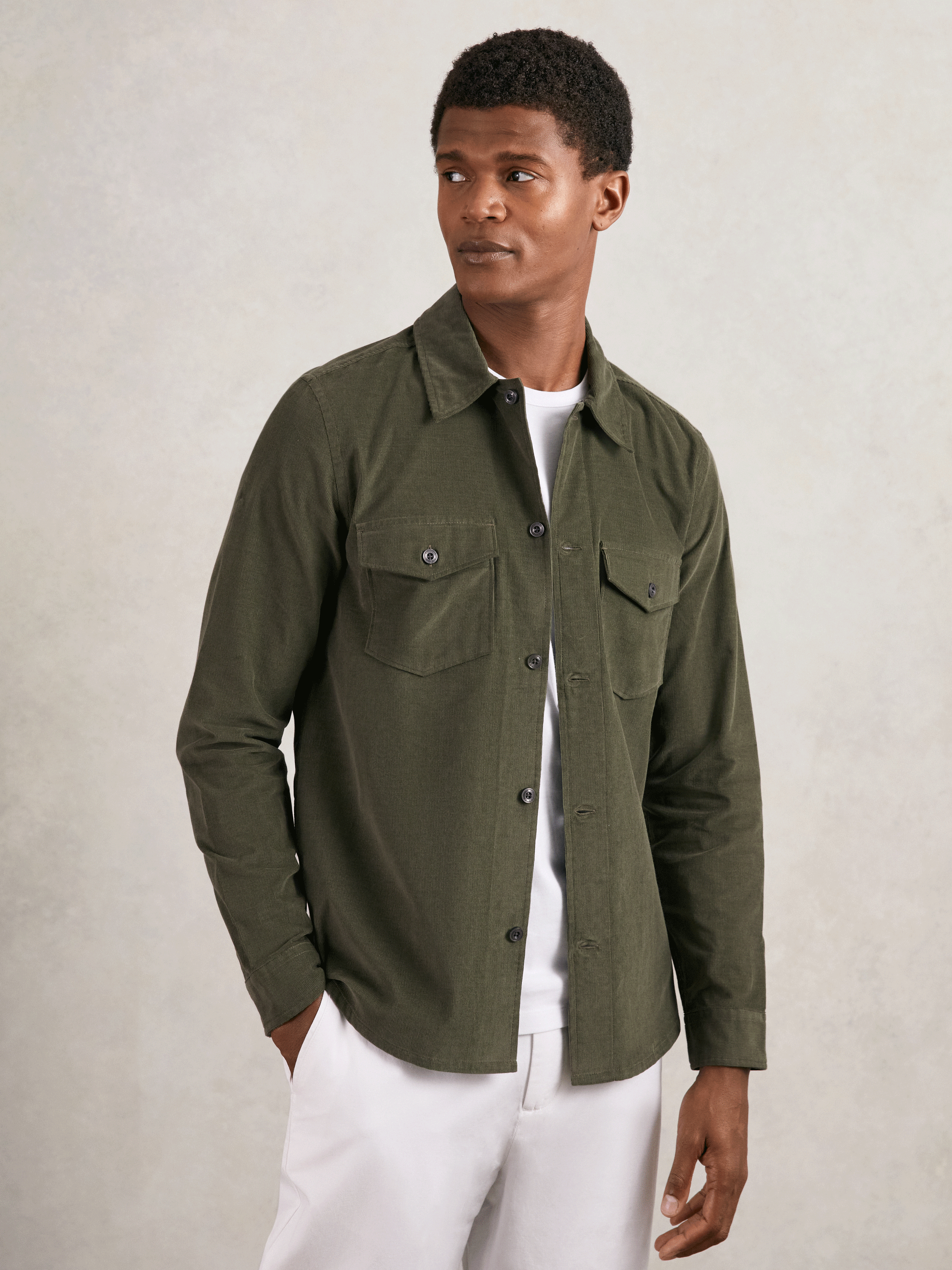 Cotton Corduroy Twin-Pocket Overshirt in Khaki Green (F97851) | 655 QAR