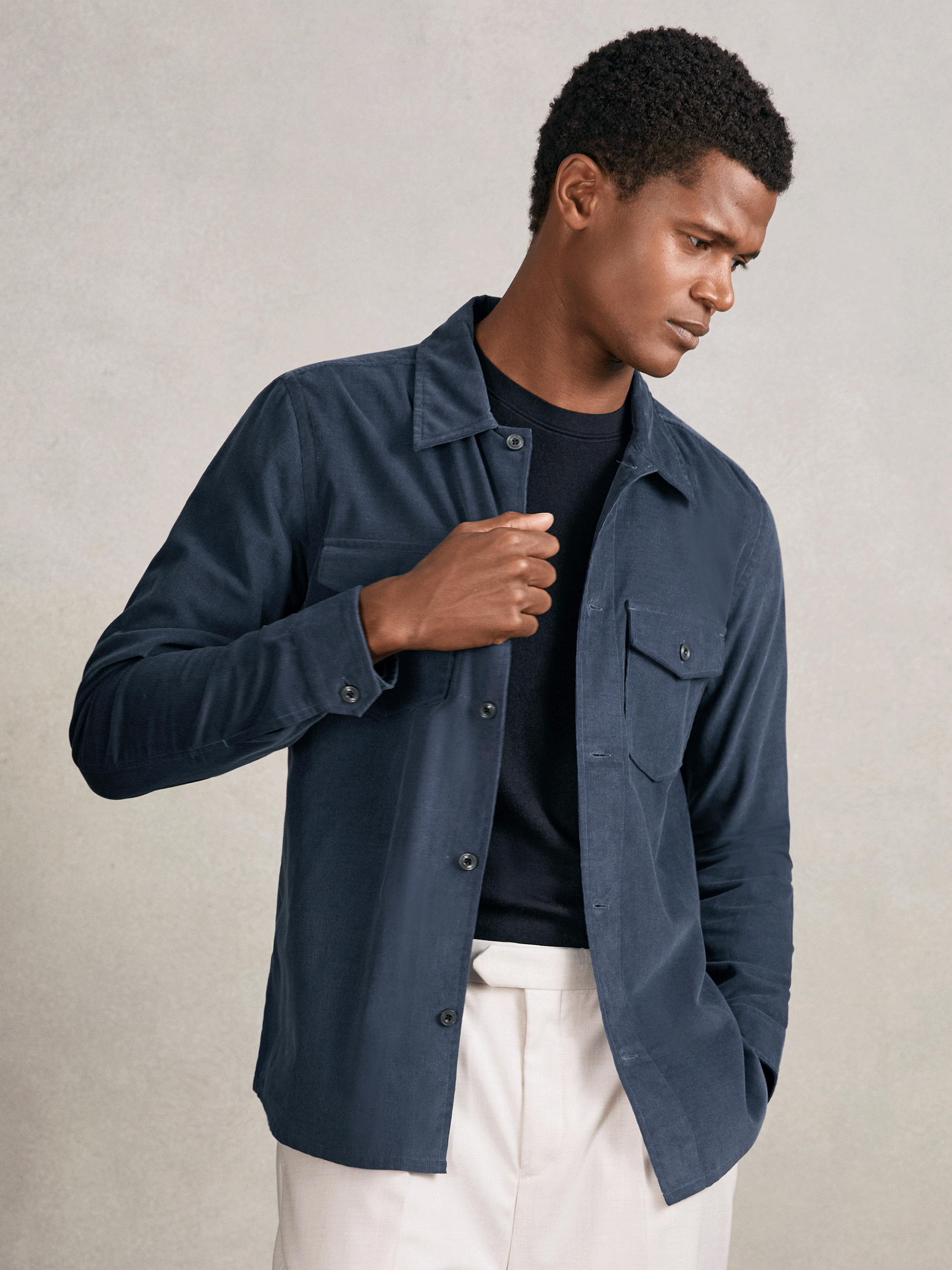 Cotton Corduroy Twin-Pocket Overshirt in Airforce Blue (F97854) | SGD 245
