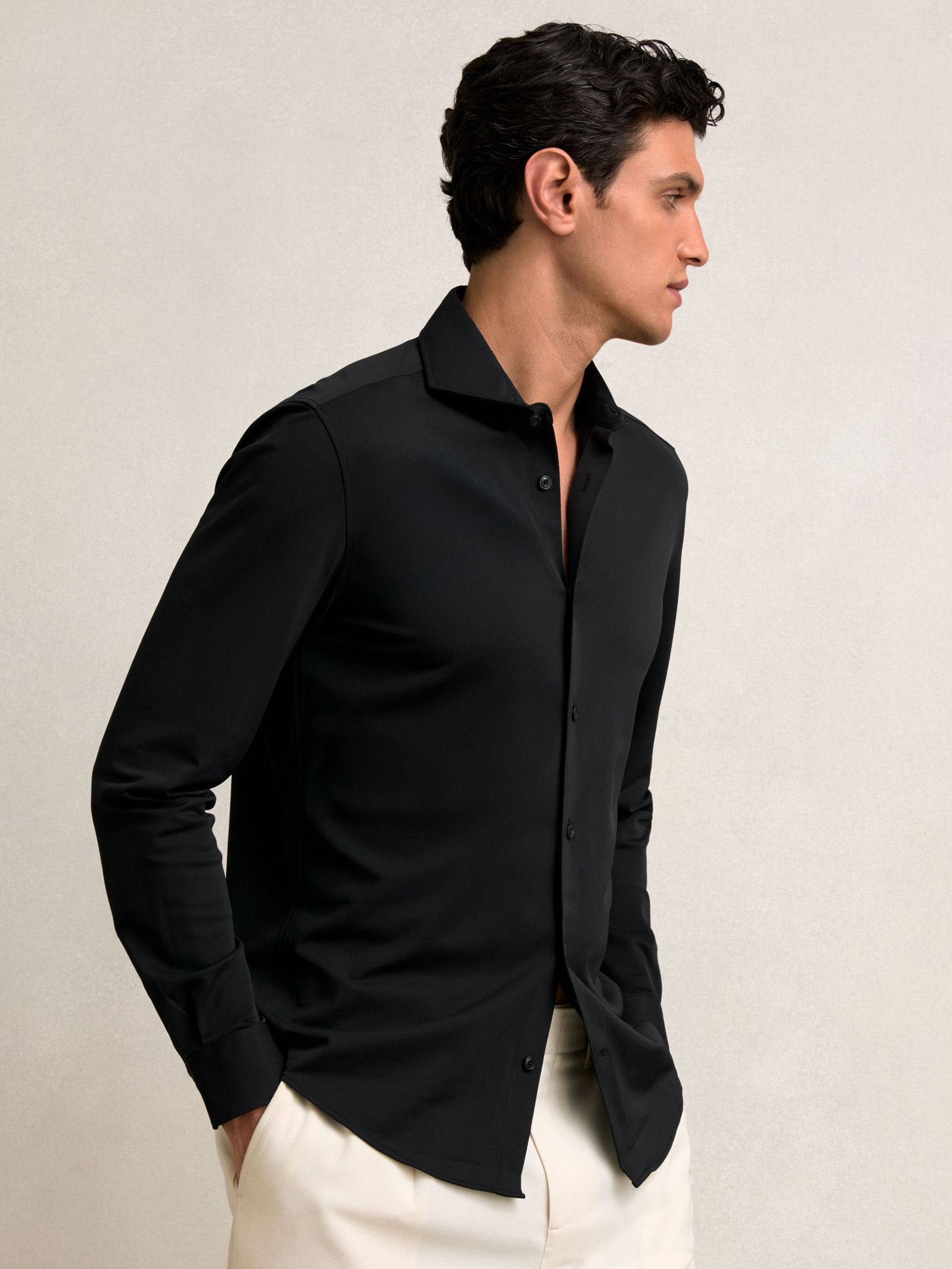 Stretch Jersey Cutaway-Collar Shirt in Black (F97856) | SGD 225
