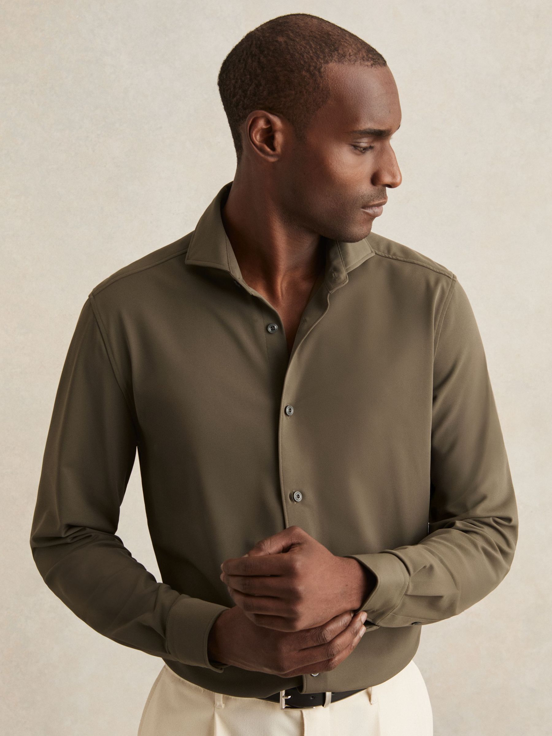 Stretch Jersey Cutaway-Collar Shirt in Olive Green (F97858) | SGD 225