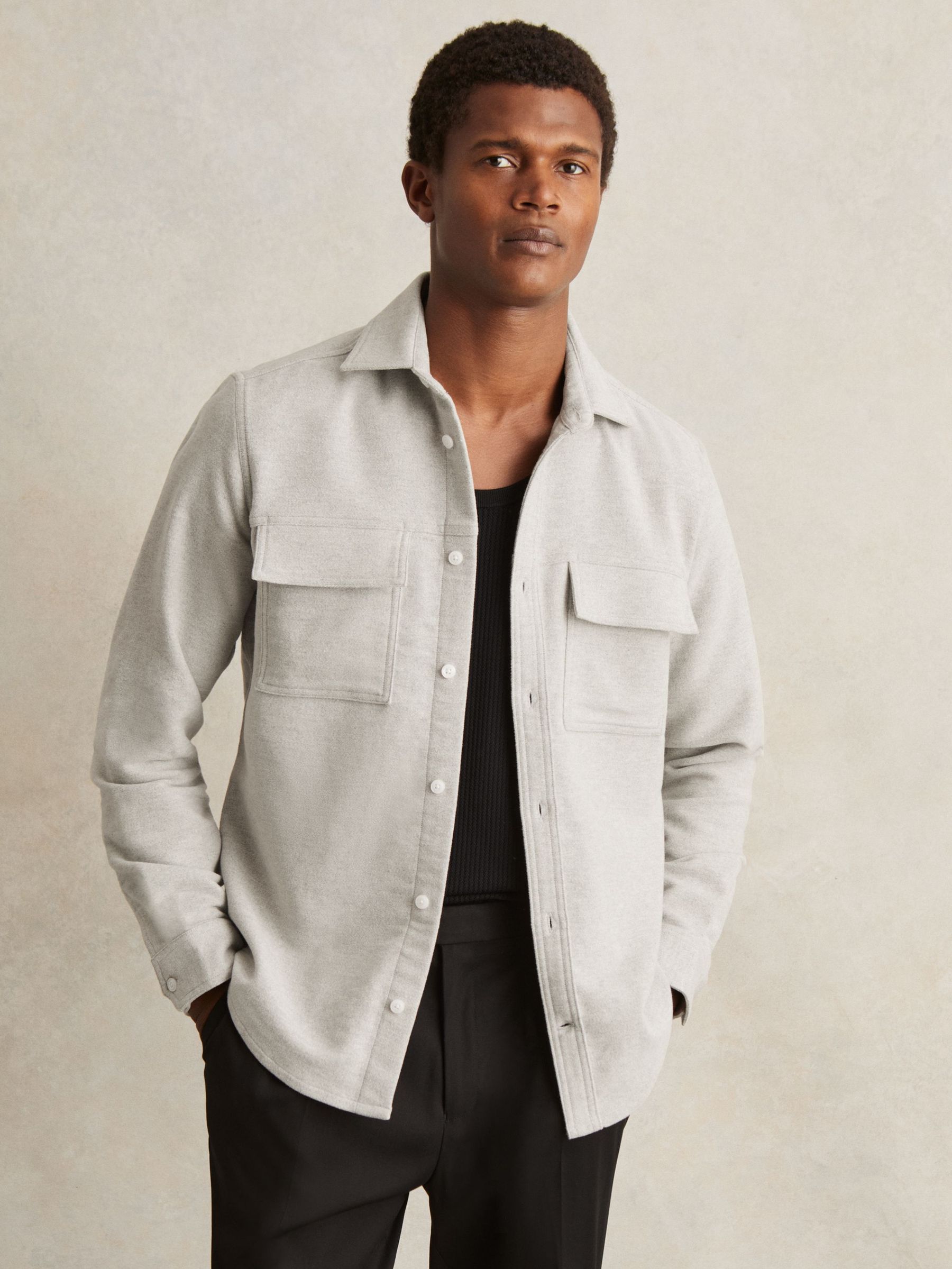 Moleskin-Cotton Twin-Pocket Overshirt in Soft Grey Melange (F97864) | US$210
