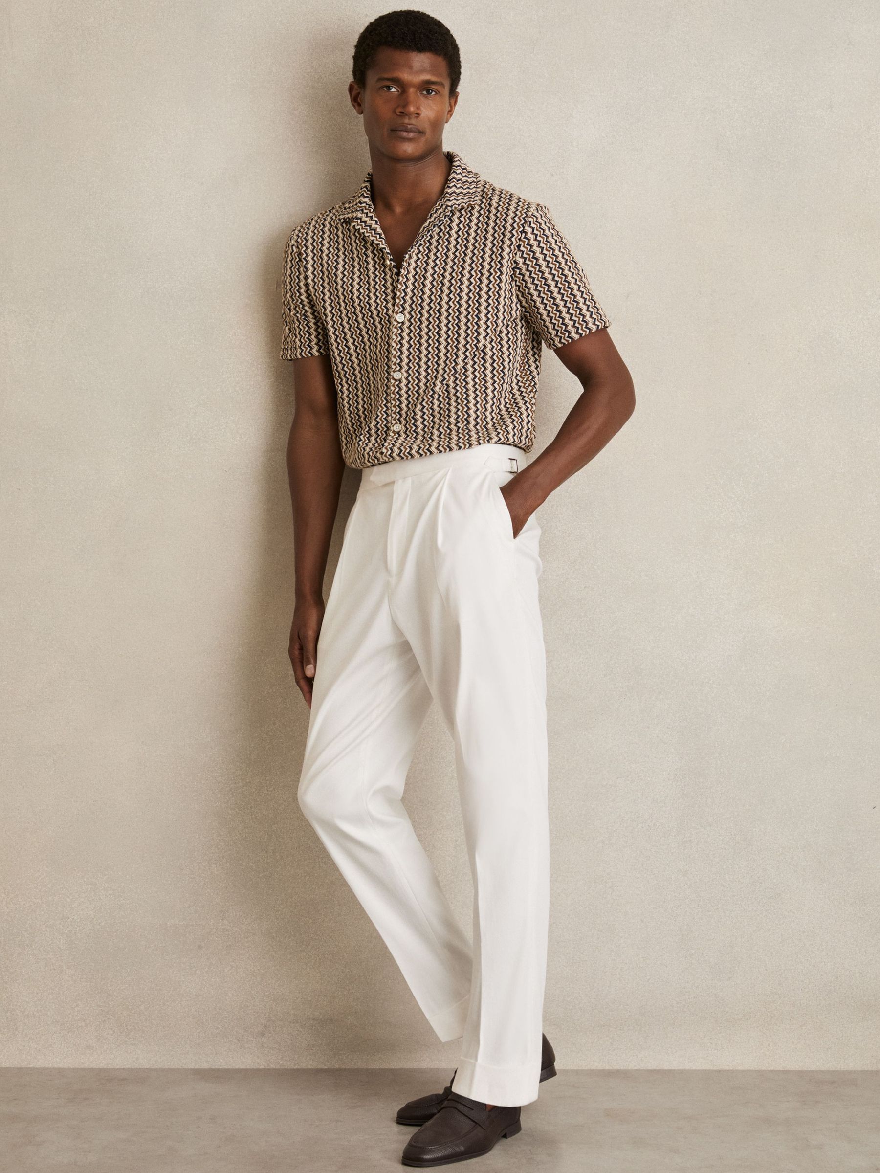 Zig-Zag Knit Cuban-Collar Shirt in Tobacco Brown (F97881) | US$160