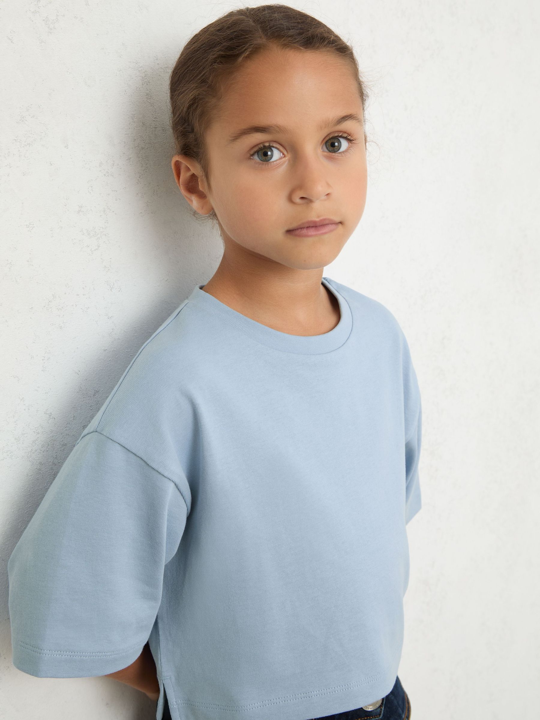 3-9 yrs Cotton Oversized Cropped T-Shirt in Blue (F97882) | $25
