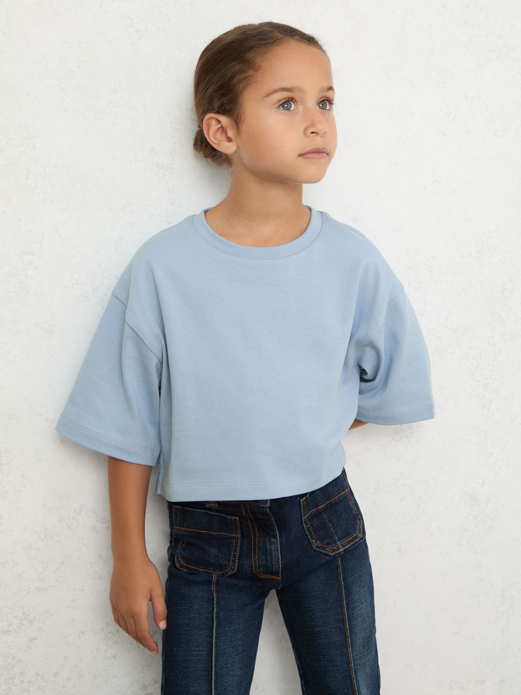 9-13 yrs Cotton Oversized Cropped T-Shirt in Blue (F97883) | $25