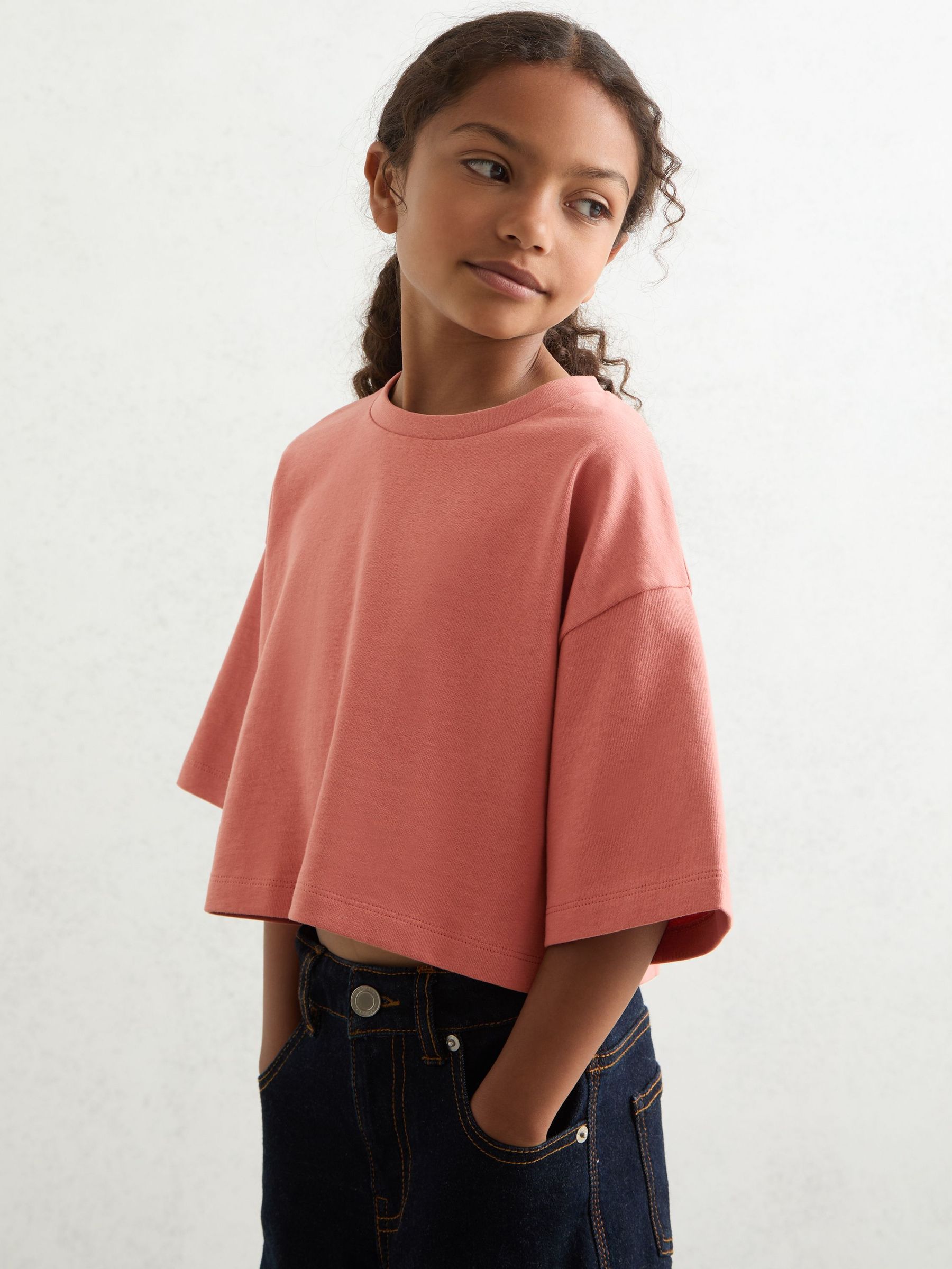 3-9 yrs Cotton Oversized Cropped T-Shirt in Rose (F97885) | $25