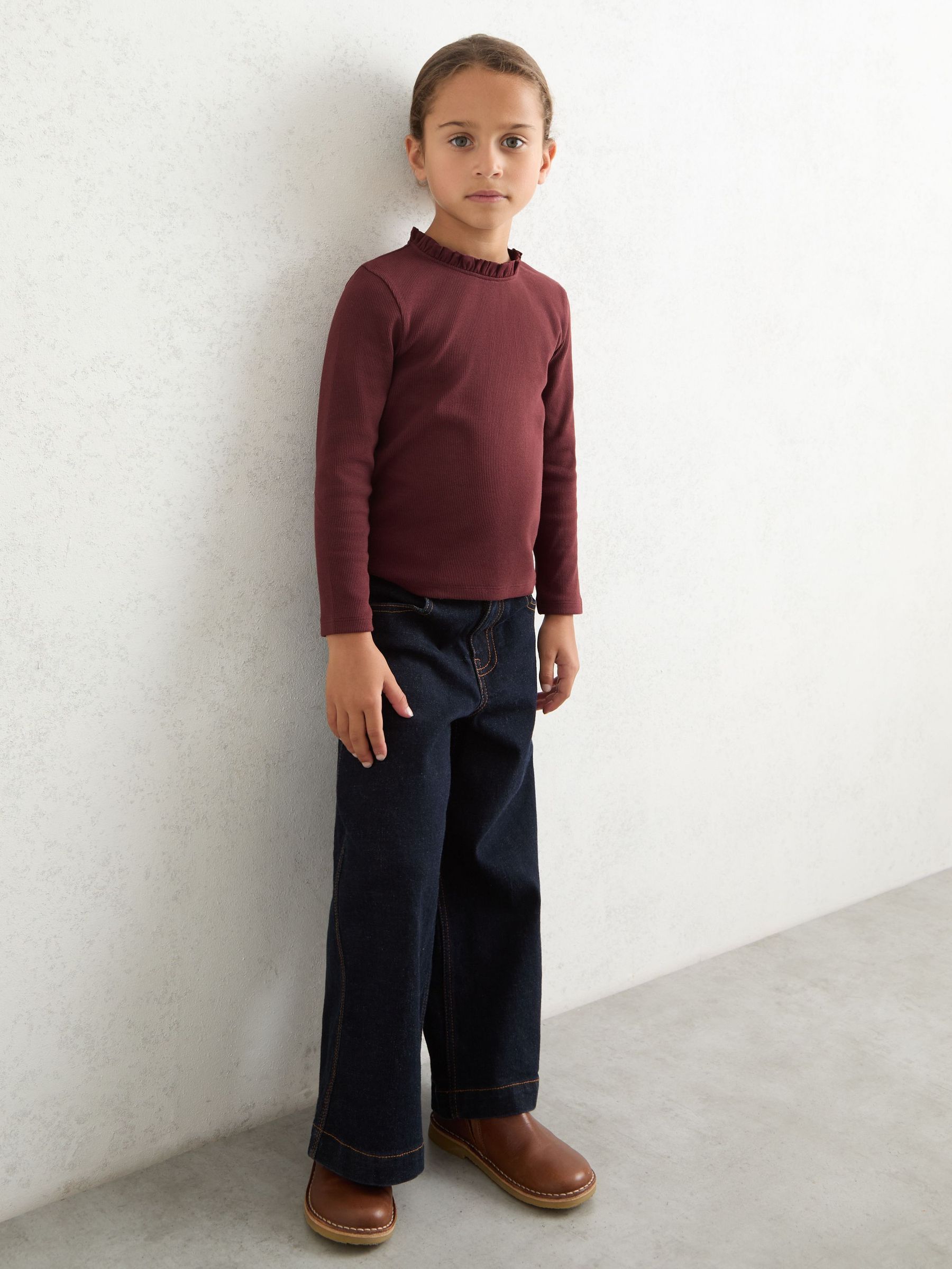 9-13 yrs Stretch-Cotton Ruffle-Neck Top in Burgundy (F97901) | €30
