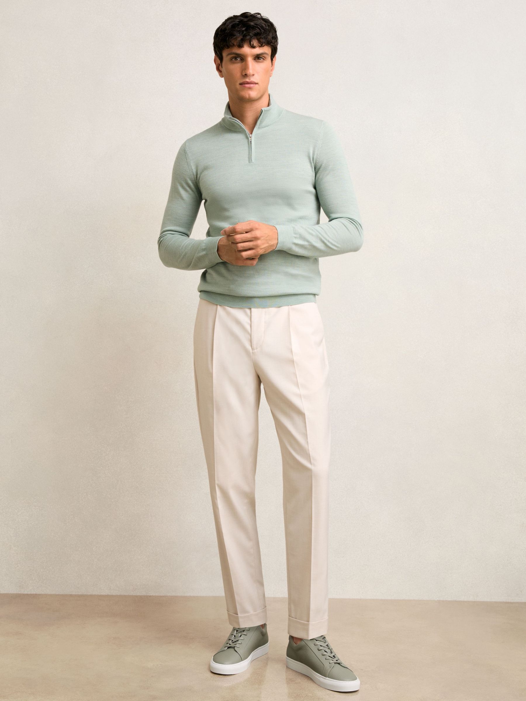 Merino Wool Half-Zip Jumper in Sage Green Melange (F97908) | US$160