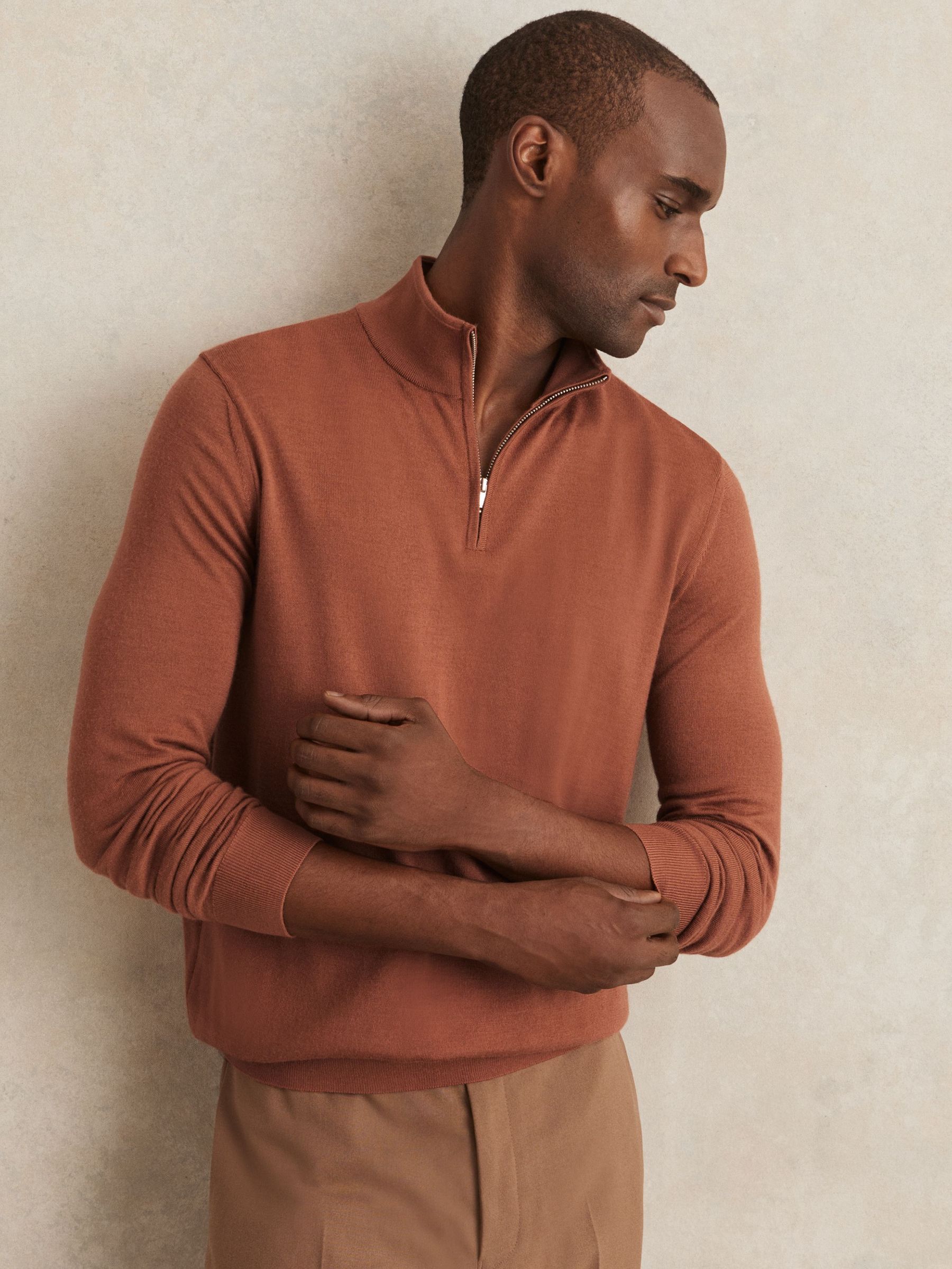 Merino Wool Half-Zip Funnel Neck Jumper in Cinnamon Brown (F97911) | US$160