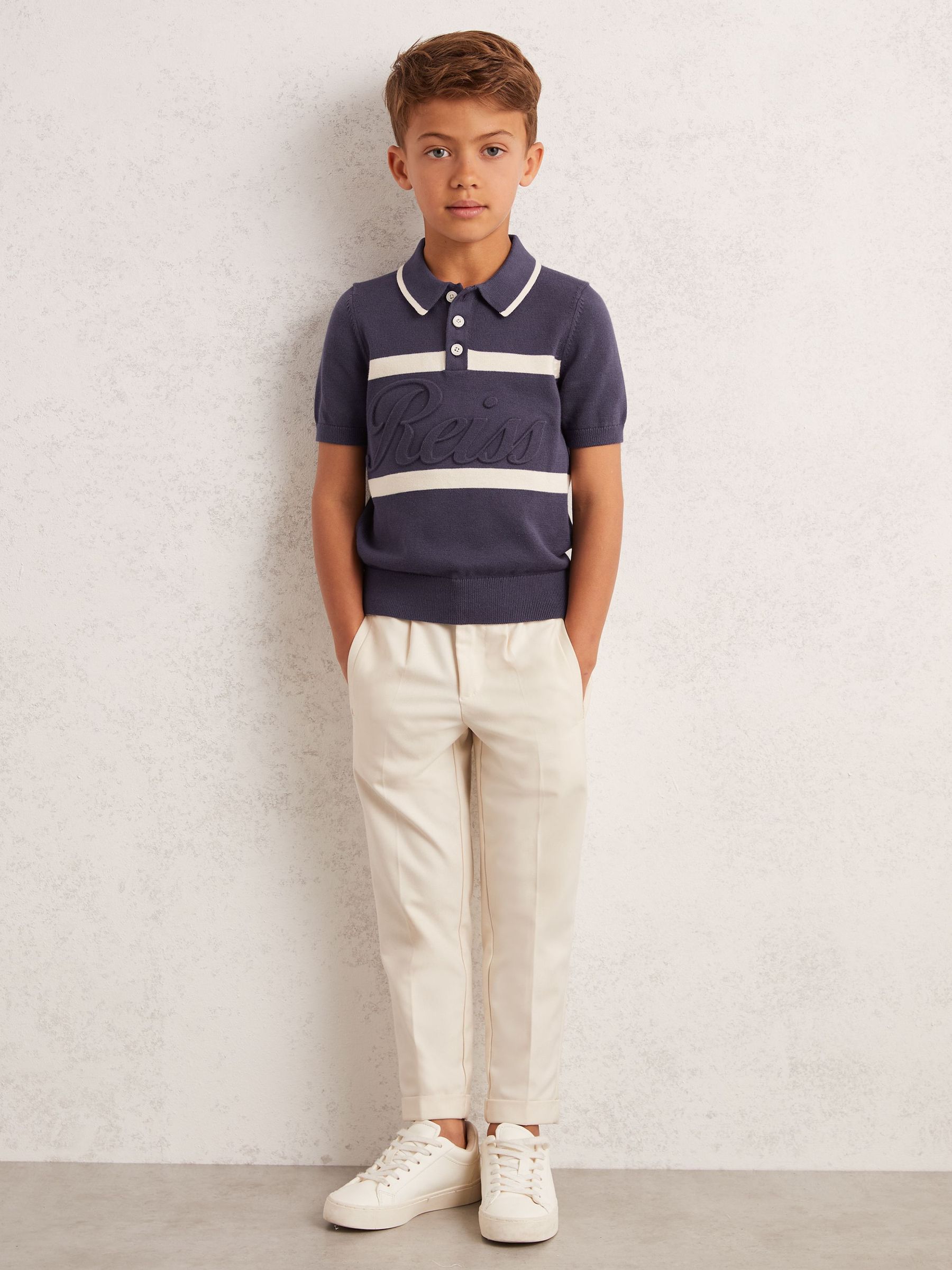 3-9 yrs Cotton Logo-Embossed Knit Polo Shirt in Indigo Blue/White (F97945) | €55