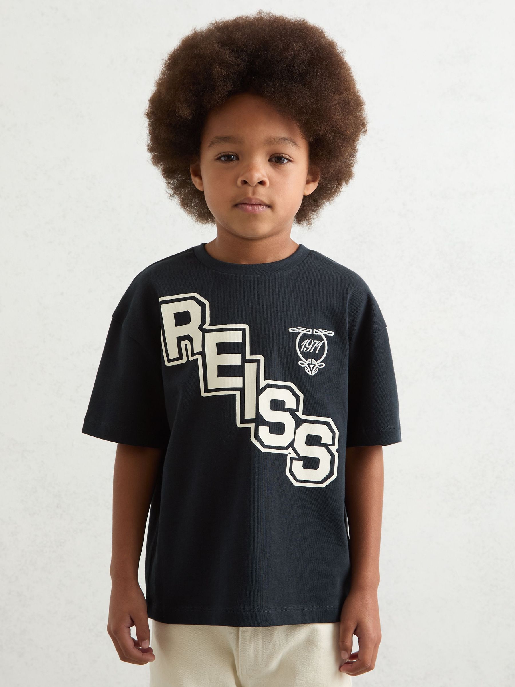 9-13 yrs Cotton Oversized Logo T-Shirt in Navy/White (F97947) | 110 QAR