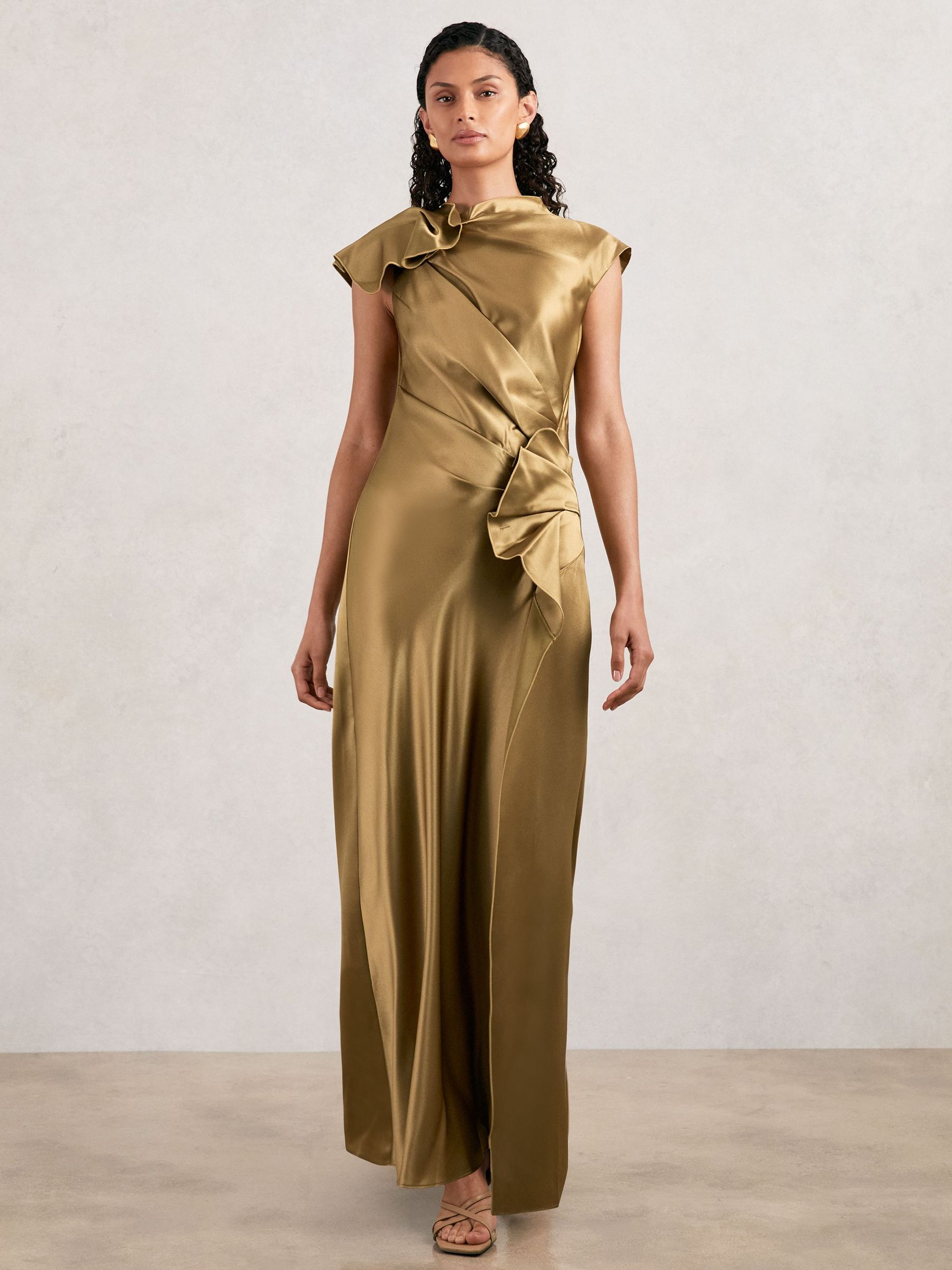 Acler Draped Satin Midi Dress in Gold Moss (F97953) | €760